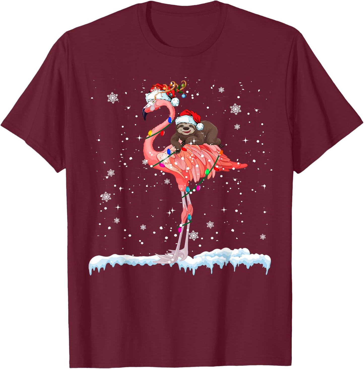 Santa Sloth Ridding Flamingo Reindeer Xmas Sloth Flamingo T-Shirt - T-Shirt | Maroon