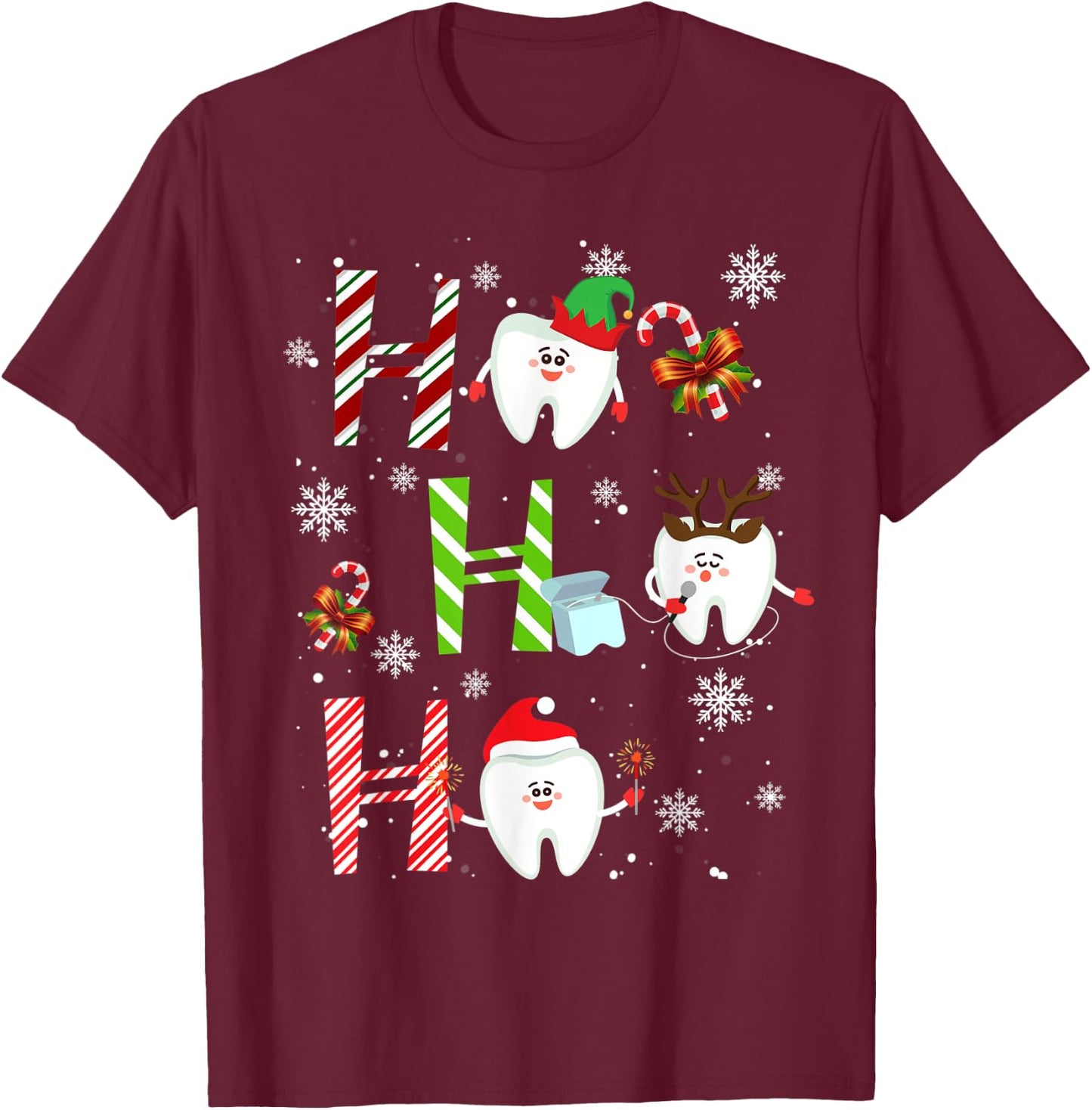 Dentist Christmas Ho Ho Ho Teeth Dental Squad Merry Xmas T-Shirt - T-Shirt | Maroon