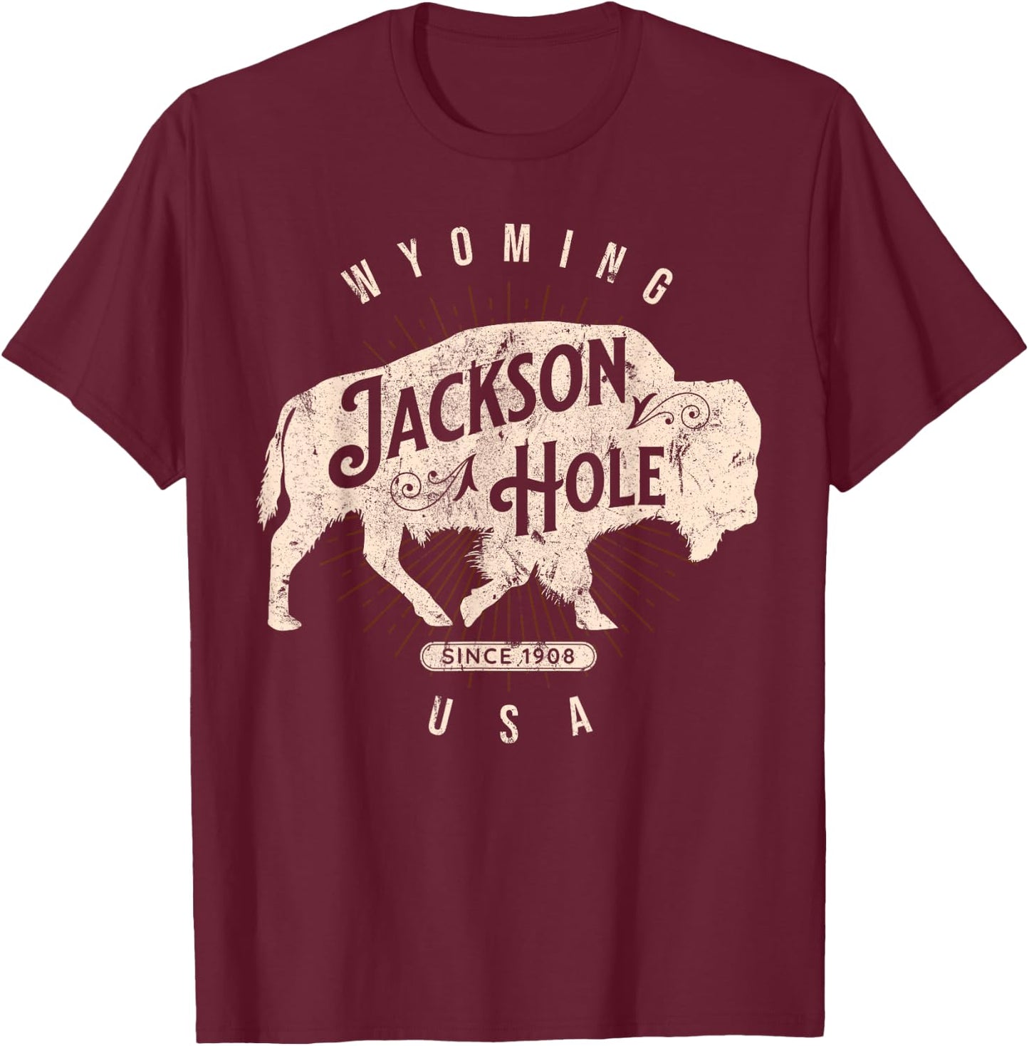 Jackson Hole Wyoming Buffalo Nature Outdoors Vintage T-Shirt - T-Shirt | Maroon