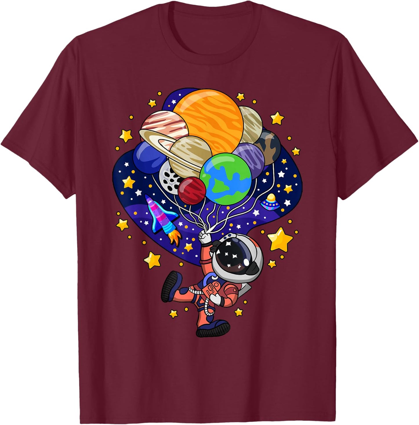 Space Astronaut Spaceman Earth Mars Planet Balloons T-Shirt - T-Shirt | Maroon