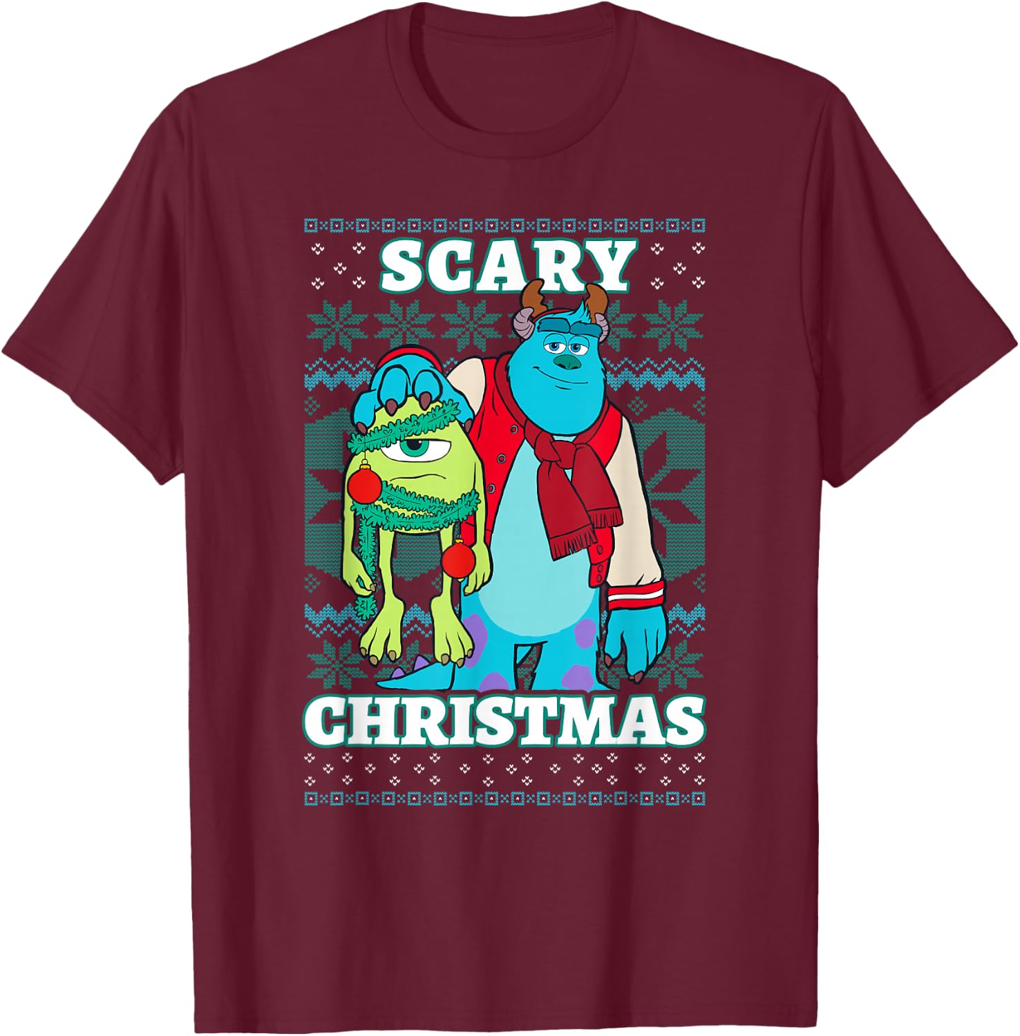 Disney Pixar Monsters Inc. Christmas Scary Ugly Sweater T-Shirt - T-Shirt | Maroon
