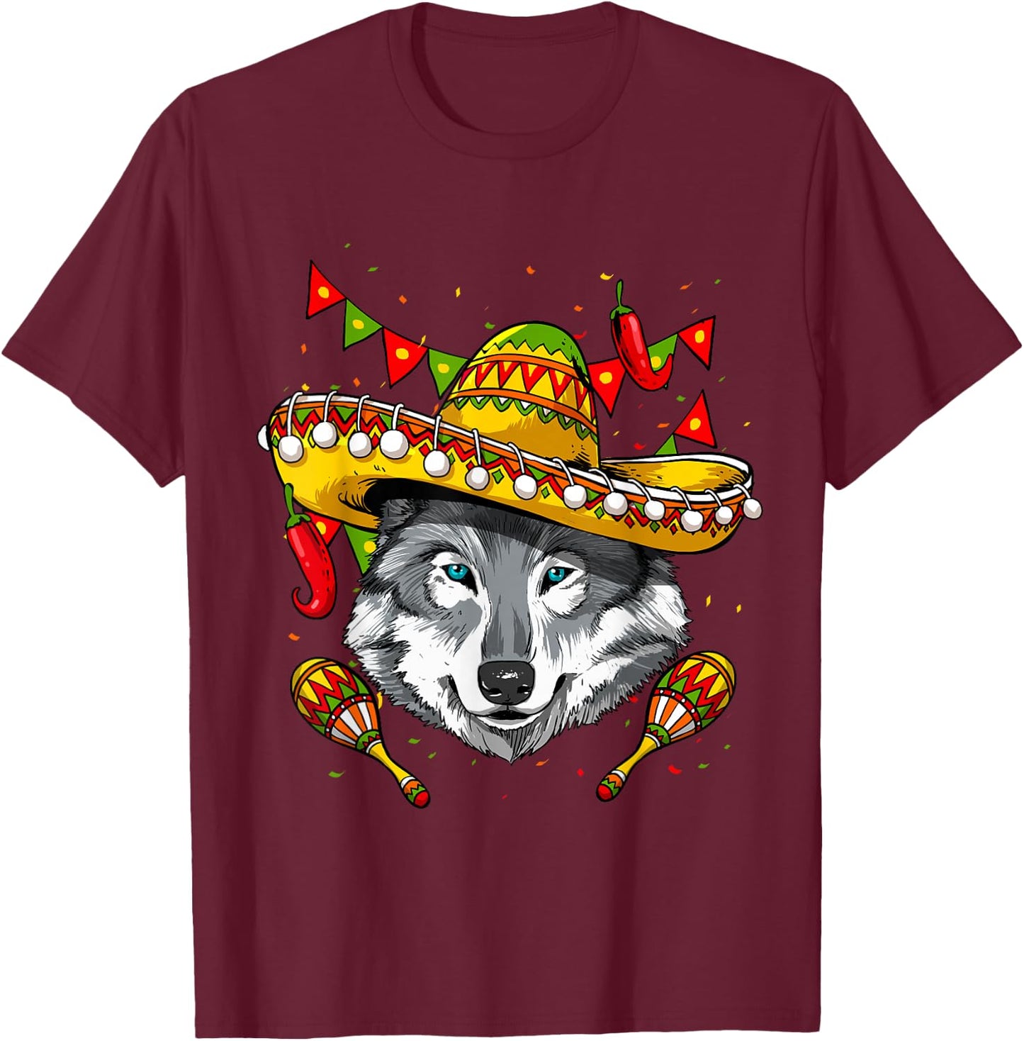 Cinco de Mayo Wolf Mexican Lover Sombrero Wolf T-Shirt - T-Shirt | Maroon