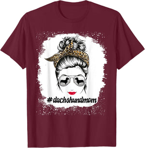 Dachshund Dog Mom Bleached Messy Bun Leopard Women Pet Lover T-Shirt - T-Shirt | Maroon