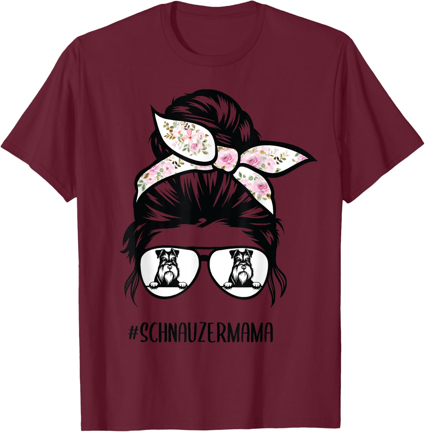 Miniature Schnauzer mom messy bun hair glasses T-Shirt - T-Shirt | Maroon