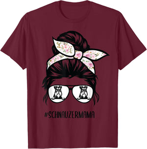 Miniature Schnauzer mom messy bun hair glasses T-Shirt - T-Shirt | Maroon