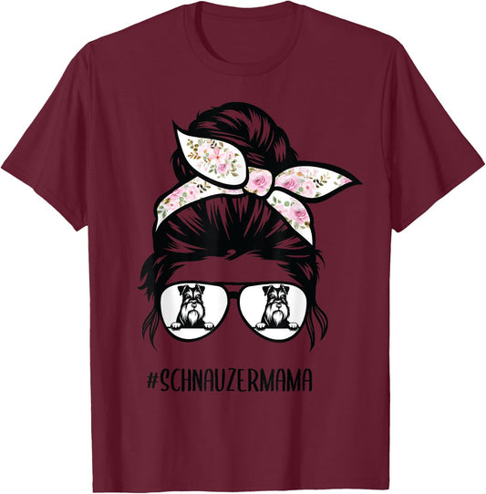 Miniature Schnauzer mom messy bun hair glasses T-Shirt - T-Shirt | Maroon