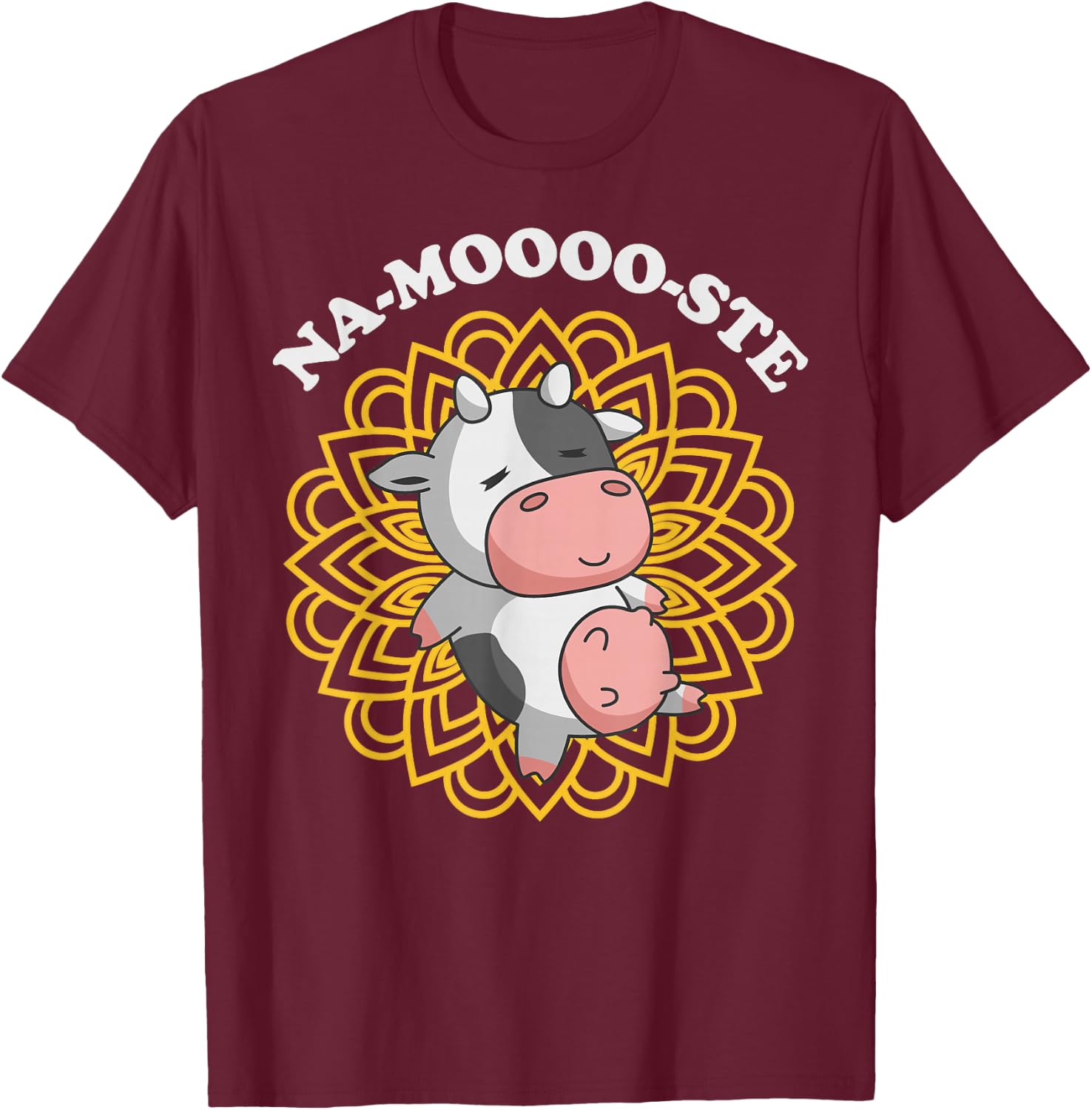 Namaste Cute Cow Pun | Na-moooo-ste Yoga Meditating Cow T-Shirt - T-Shirt | Maroon