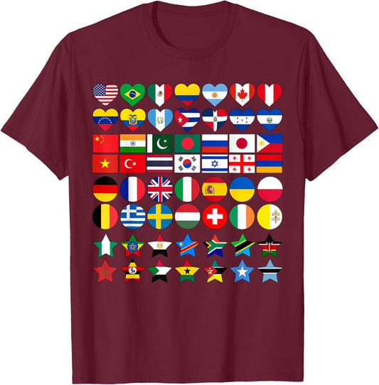 Flags of Countries of the Worlds in Geometric Shapes T-Shirt - T-Shirt | Maroon