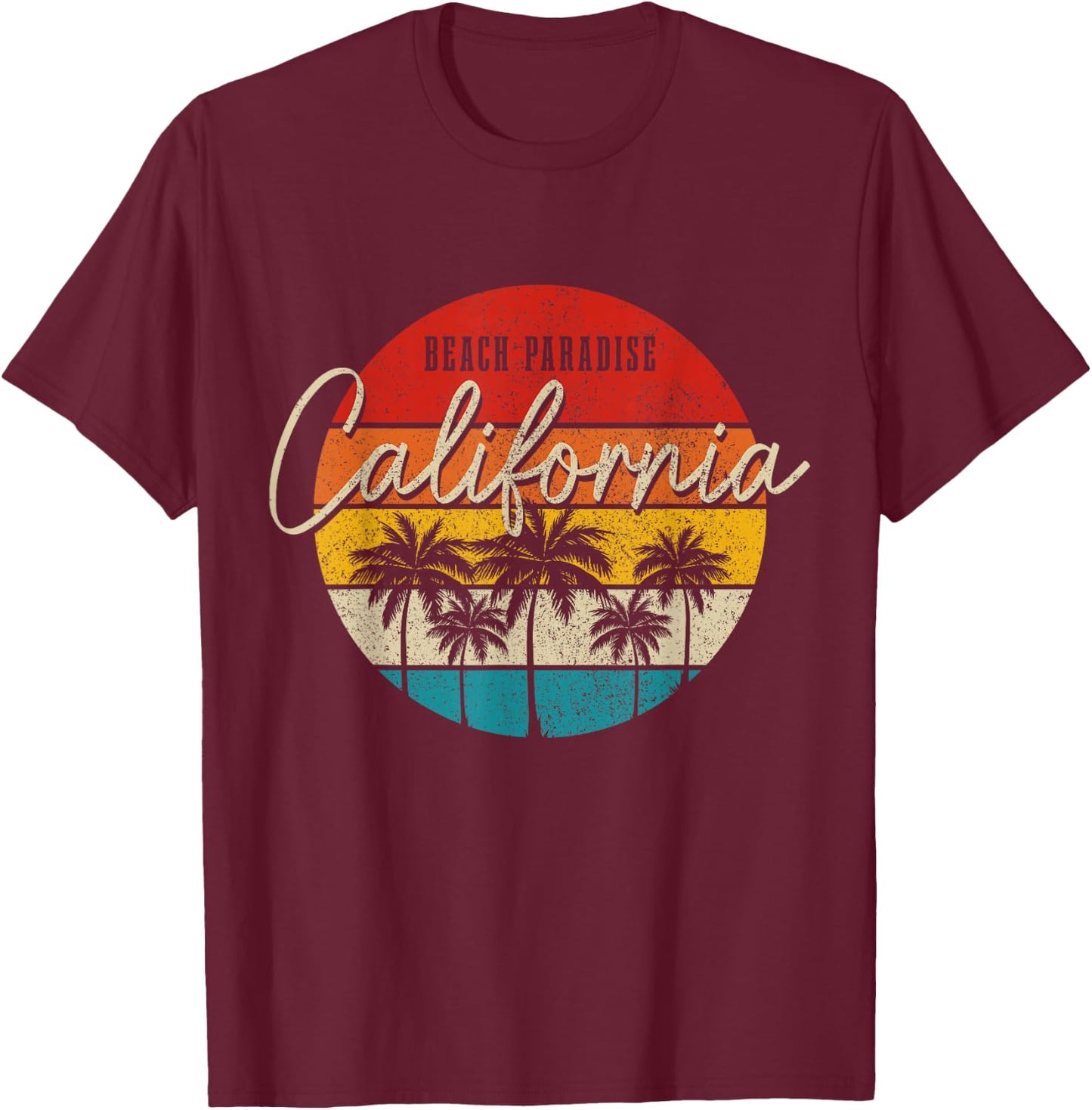 California Beach Paradise Vintage Palm Trees Surfer Retro T-Shirt - T-Shirt | Maroon