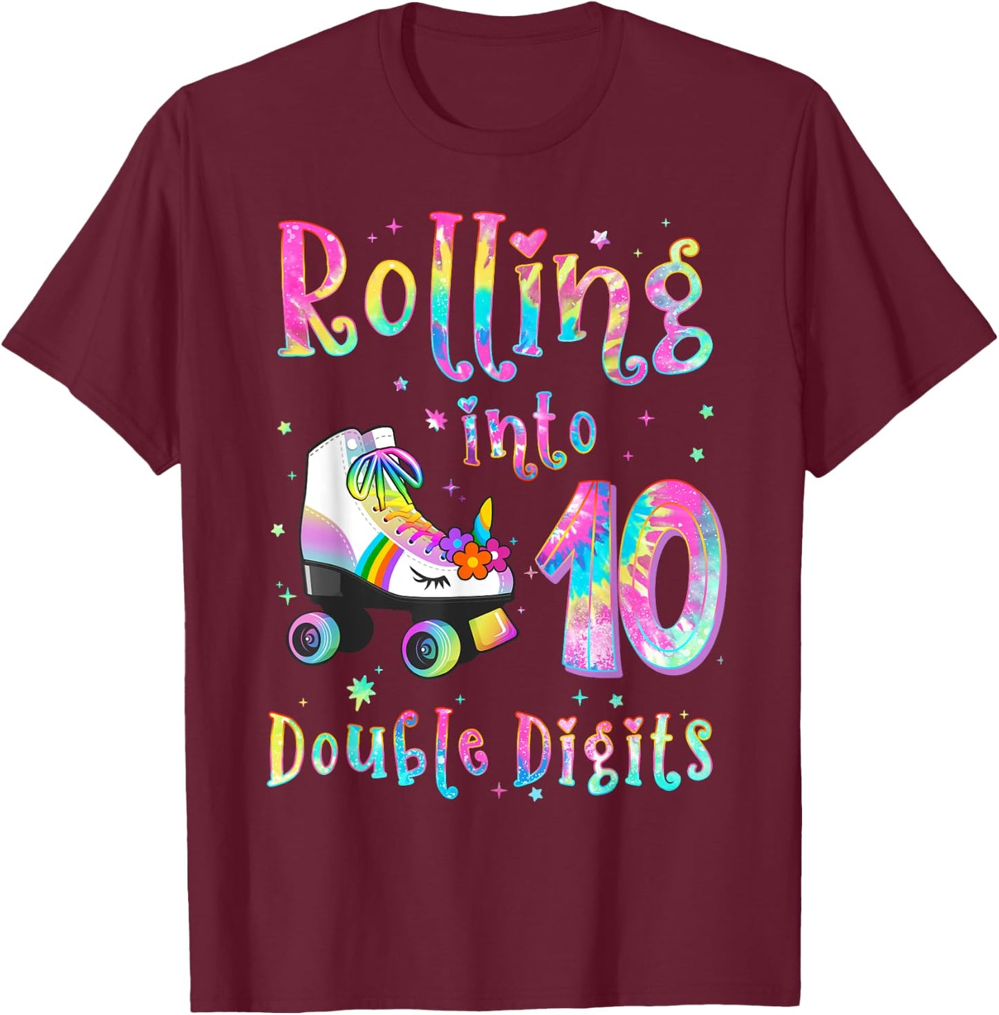 10 Years Old Birthday Girl Rolling Into 10th Double Digits T-Shirt - T-Shirt | Maroon