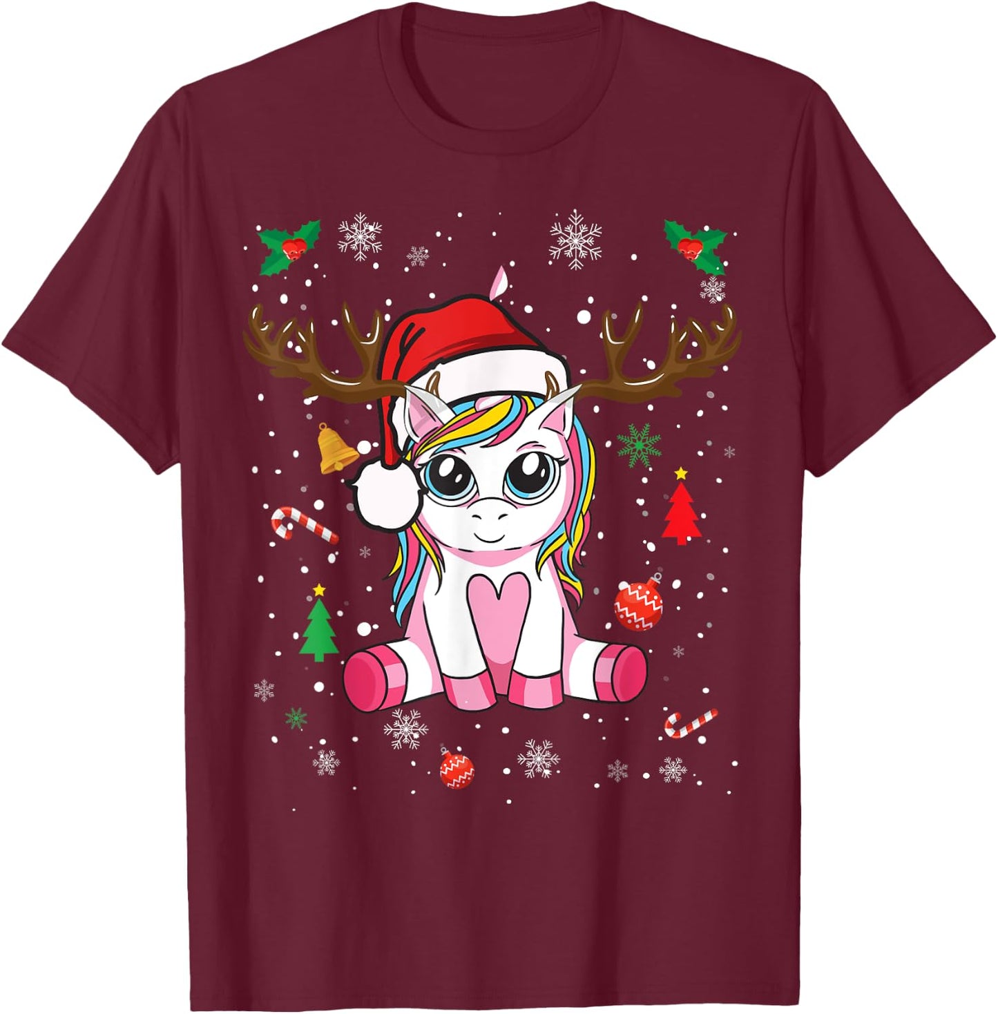 Cute Christmas Shirt Girls Women Xmas Unicorn Deer Christmas T-Shirt - T-Shirt | Maroon