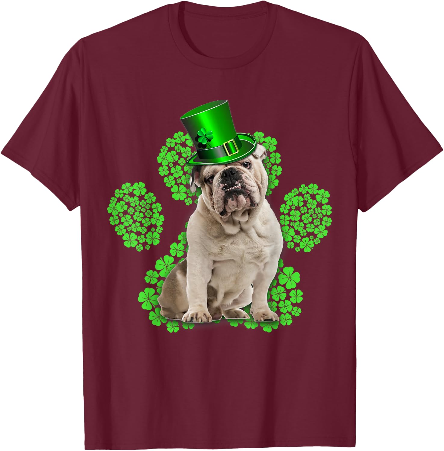 English Bulldog Shamrock Paw Clovers St Patrick's Day T-Shirt - T-Shirt | Maroon