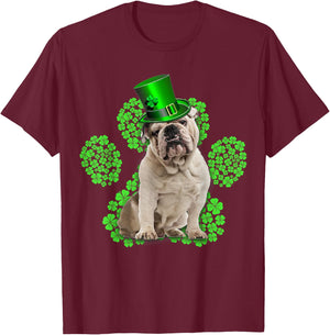 English Bulldog Shamrock Paw Clovers St Patrick's Day T-Shirt - T-Shirt | Maroon