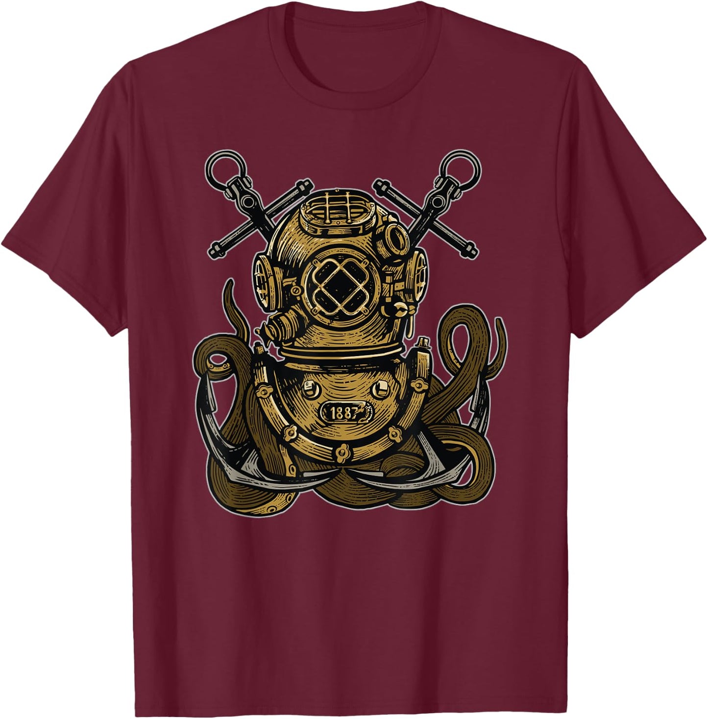 Steampunk Nautical Deep Sea Diver Helmet Anchor Octopus T-Shirt - T-Shirt | Maroon