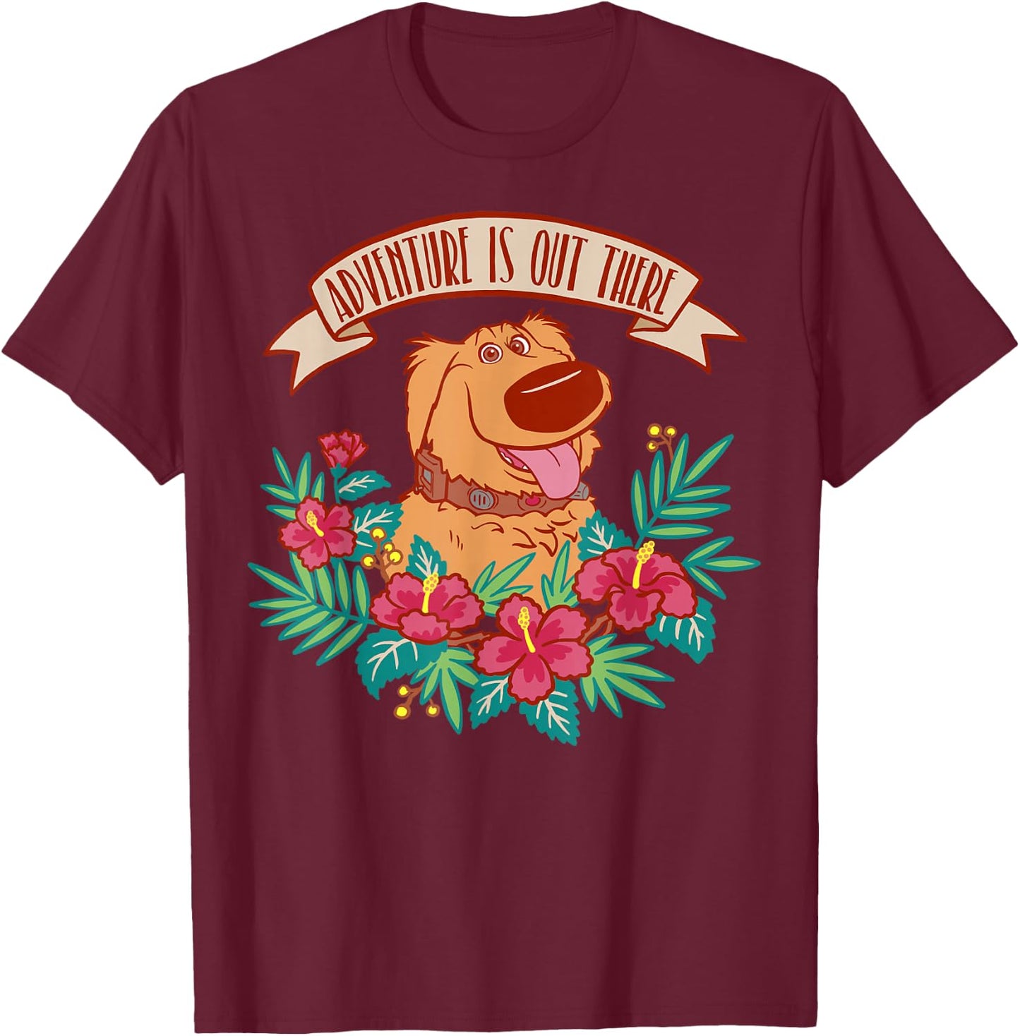 Disney Pixar Up Dug Adventure is Out There Floral Small T-Shirt - T-Shirt | Maroon