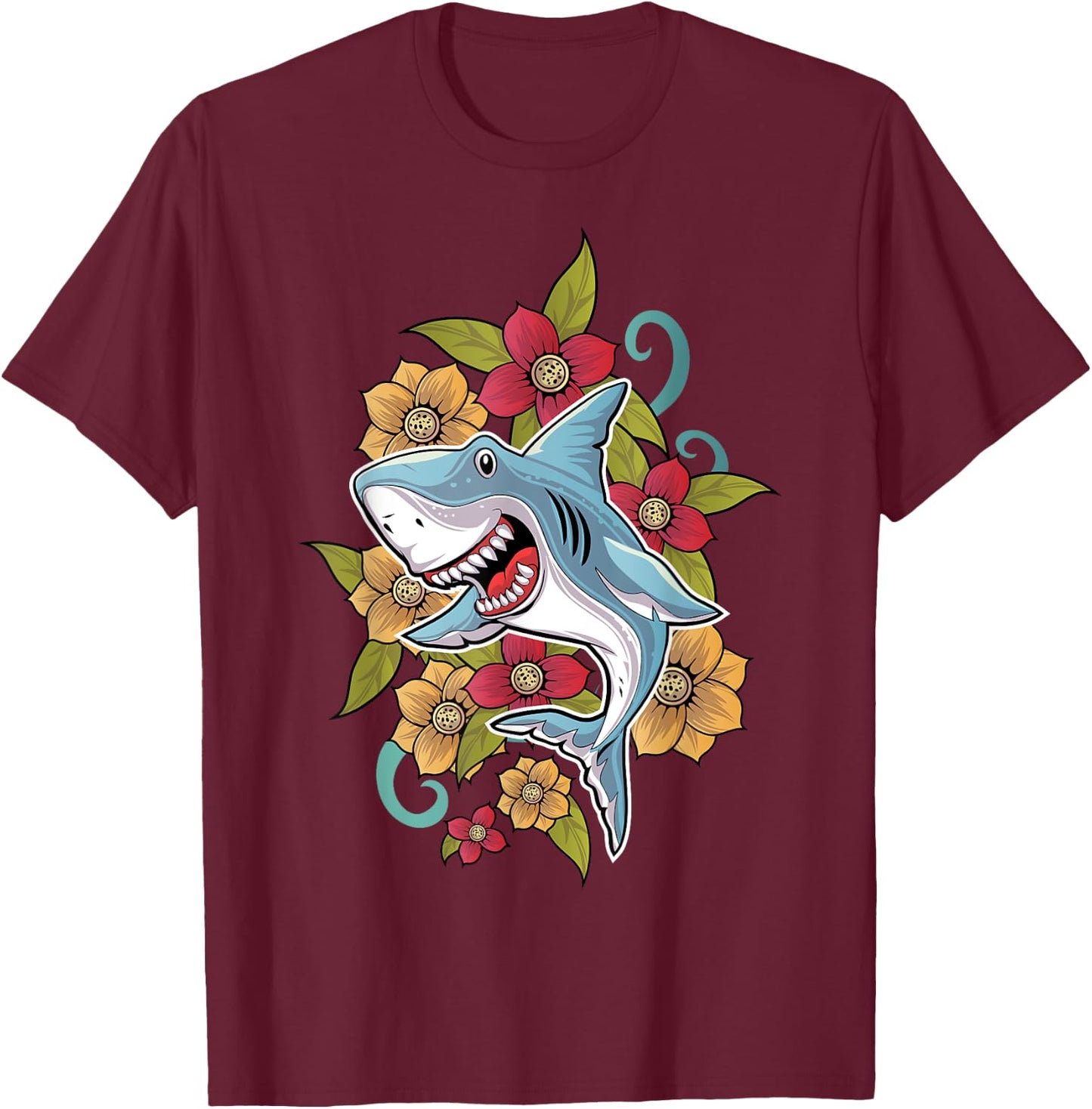 Floral Shark Tattoo Traditional Tribal Tattoo Style Art T-Shirt - T-Shirt | Maroon