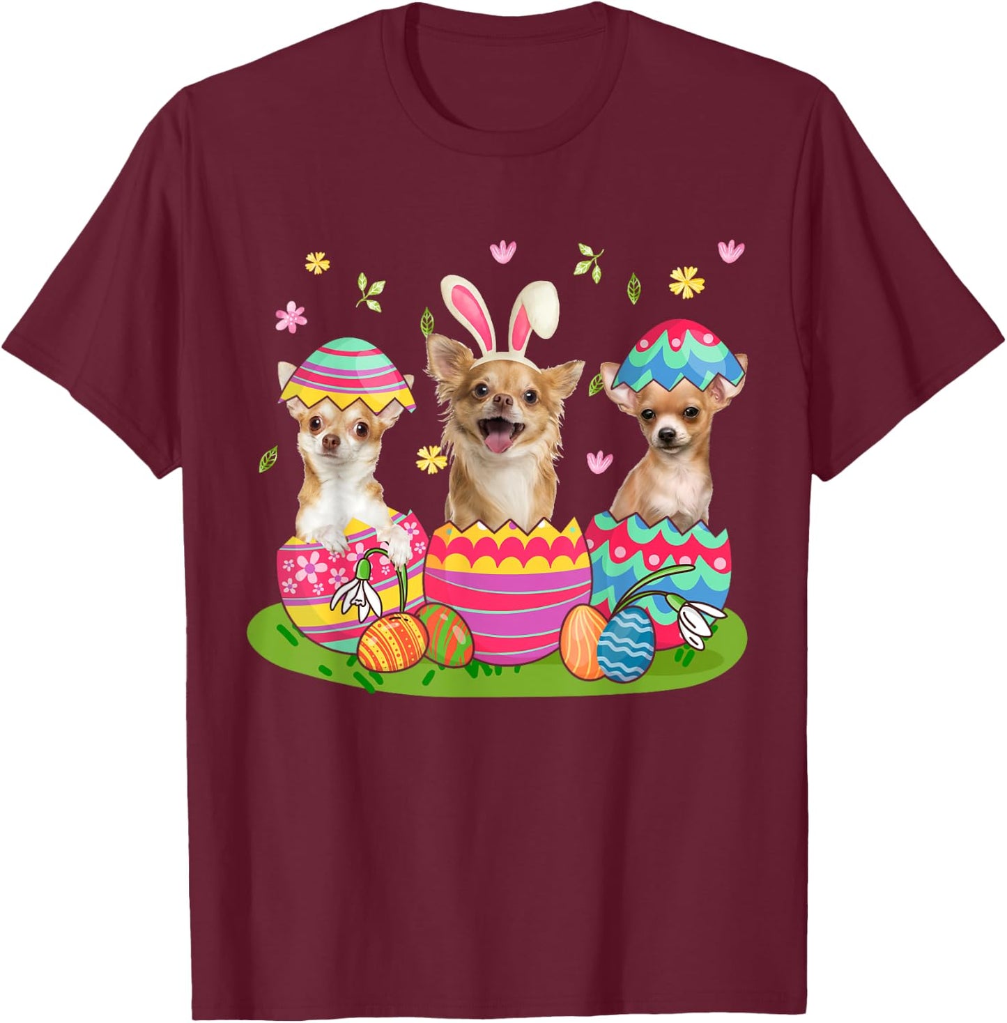 Three Bunny Chihuahua Inside Easter Egg Happy Easter T-Shirt - T-Shirt | Maroon