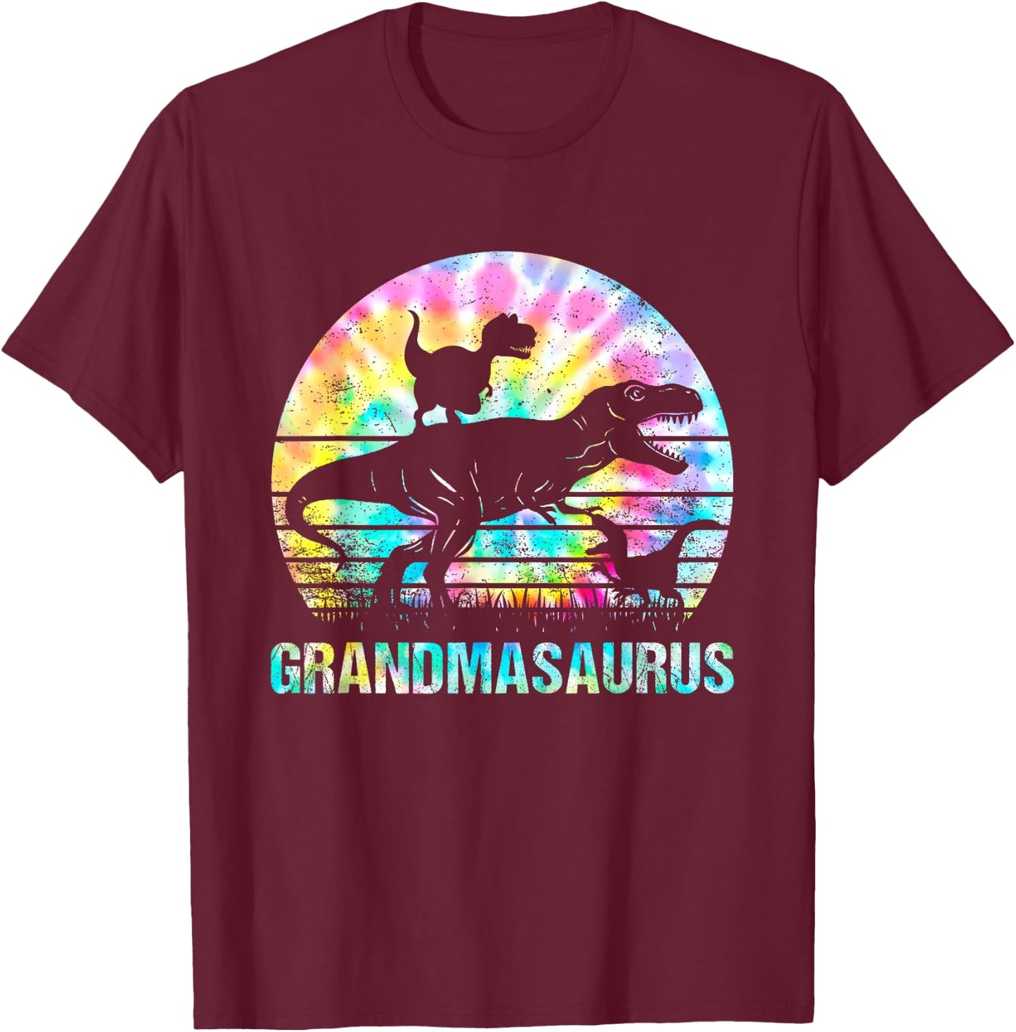 Grandmasaurus T Rex Dinosaur Grandma Saurus Tie Dye Vintage T-Shirt - T-Shirt | Maroon