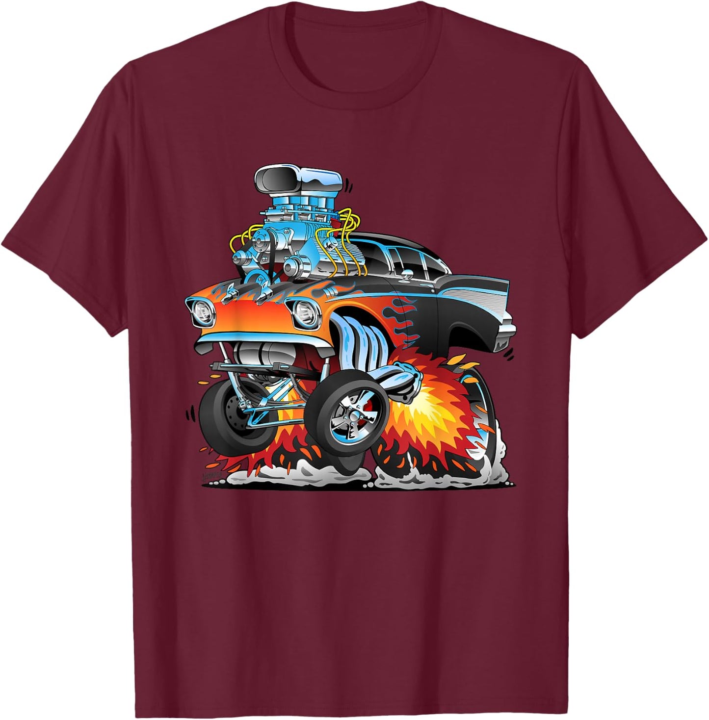 Funny Classic Hotrod Fifties Drag Racing Muscle Car Cartoon T-Shirt - T-Shirt | Maroon