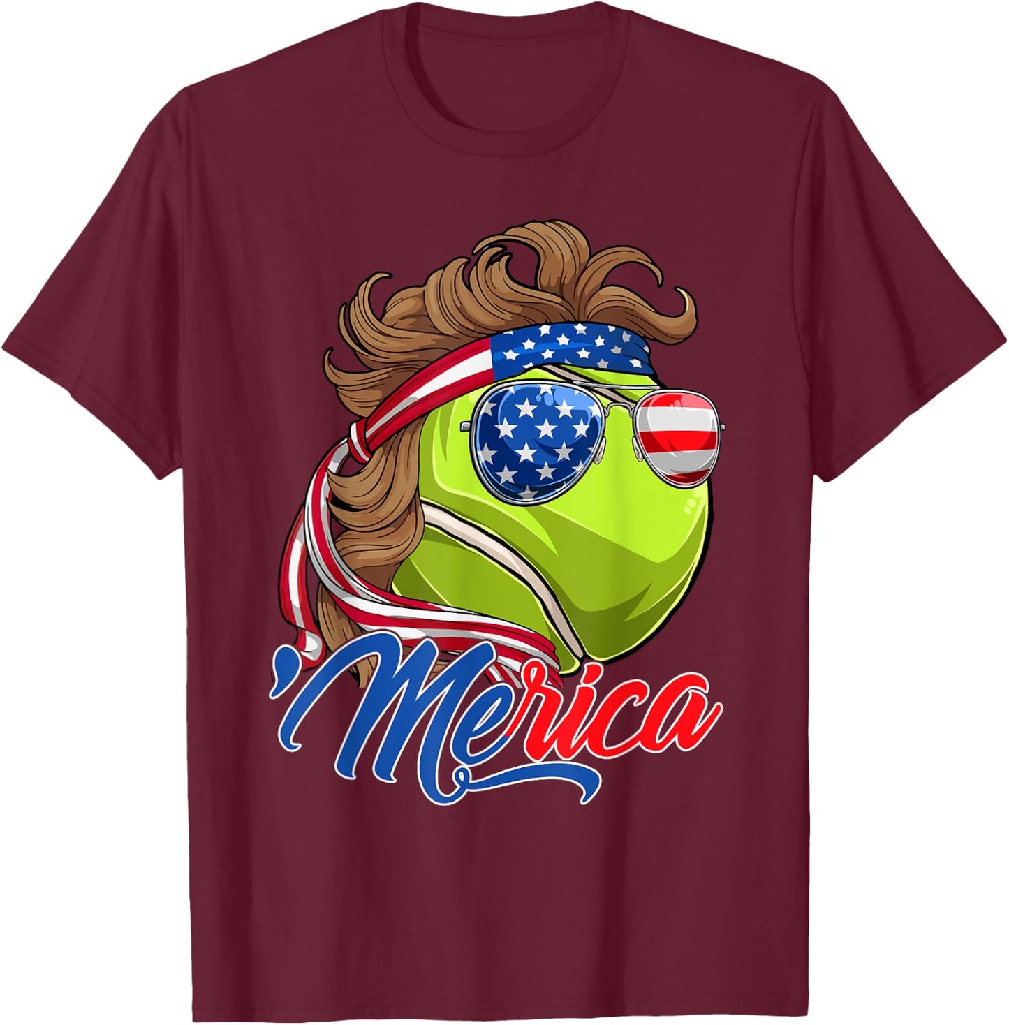 Funny Merica Tennis Ball & USA Flag Sunglasses 4th Of July Kids Men T-Shirt - T-Shirt | Maroon