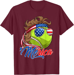 Funny Merica Tennis Ball & USA Flag Sunglasses 4th Of July Kids Men T-Shirt - T-Shirt | Maroon