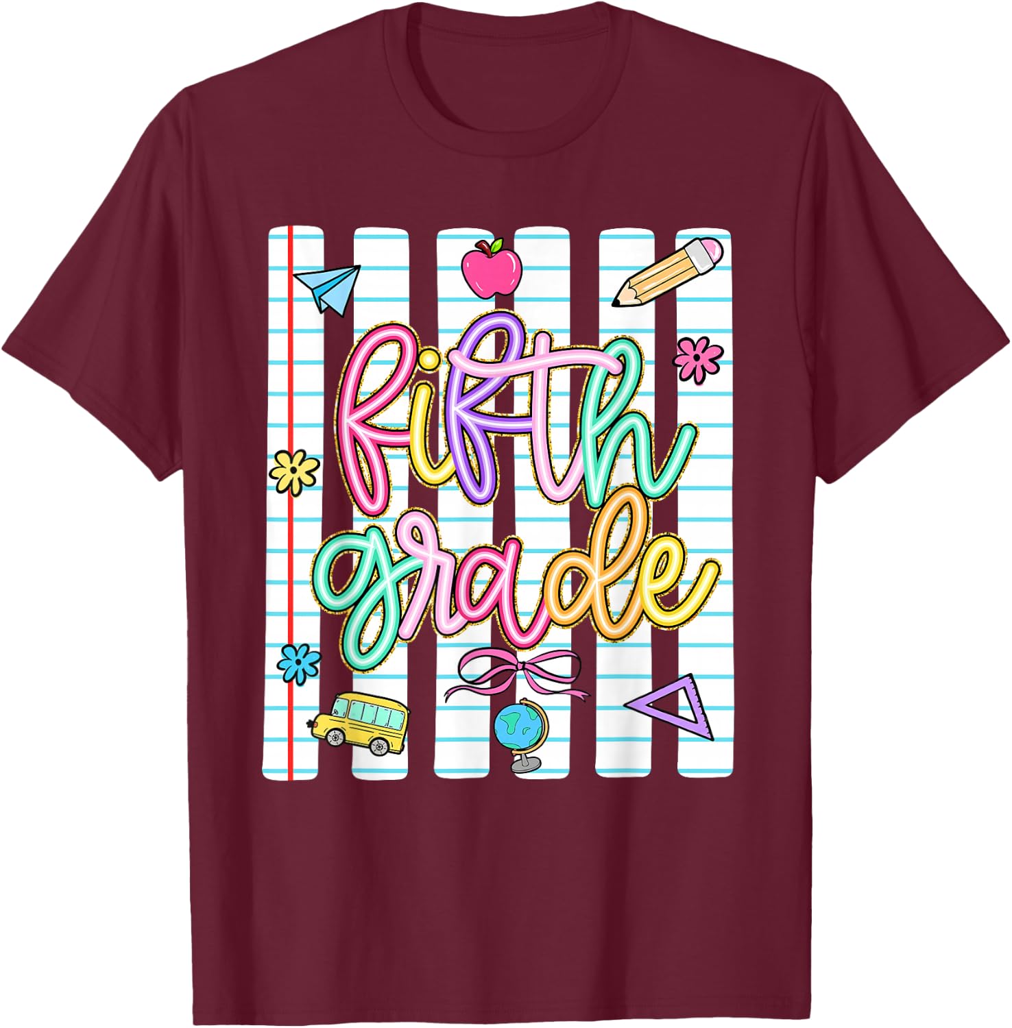 Striped Preppy Fifth Grade Back to School Teacher Girl Kids T-Shirt - T-Shirt | Maroon