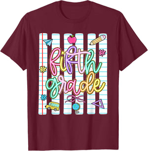 Striped Preppy Fifth Grade Back to School Teacher Girl Kids T-Shirt - T-Shirt | Maroon