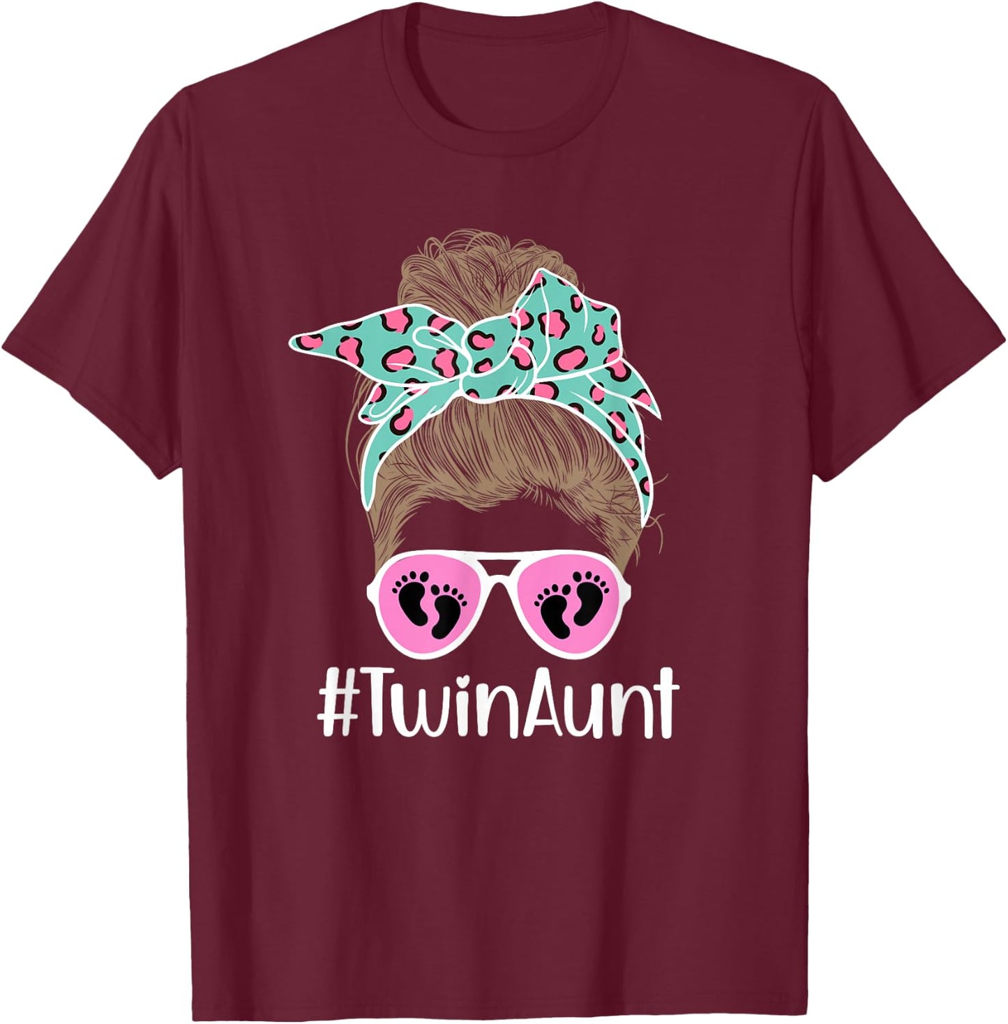 Twin Aunt Messy Bun Aunt Of Twins Twin Auntie Of Twins T-Shirt - T-Shirt | Maroon