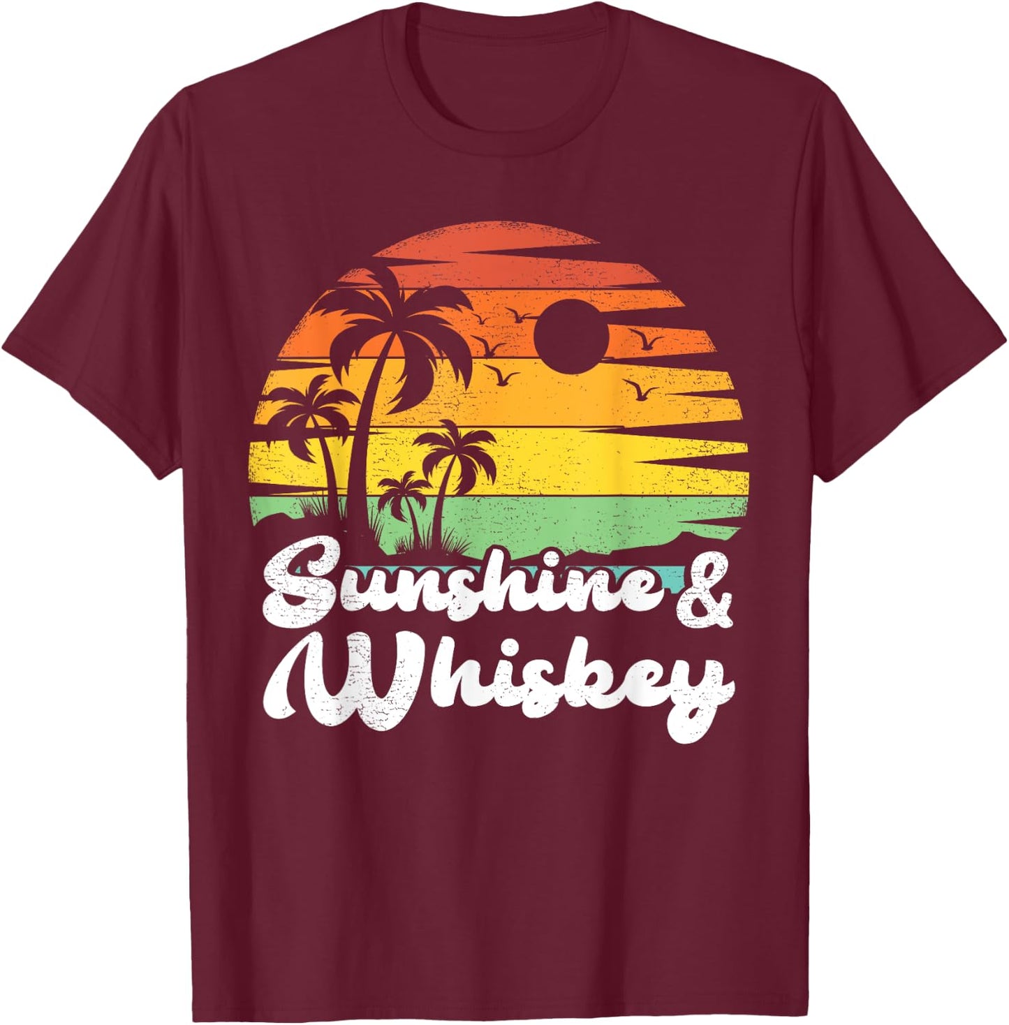 Palm Tree Vintage Sunset Sunshine And Whiskey Beach Vacation Men Women T-Shirt - T-Shirt | Maroon