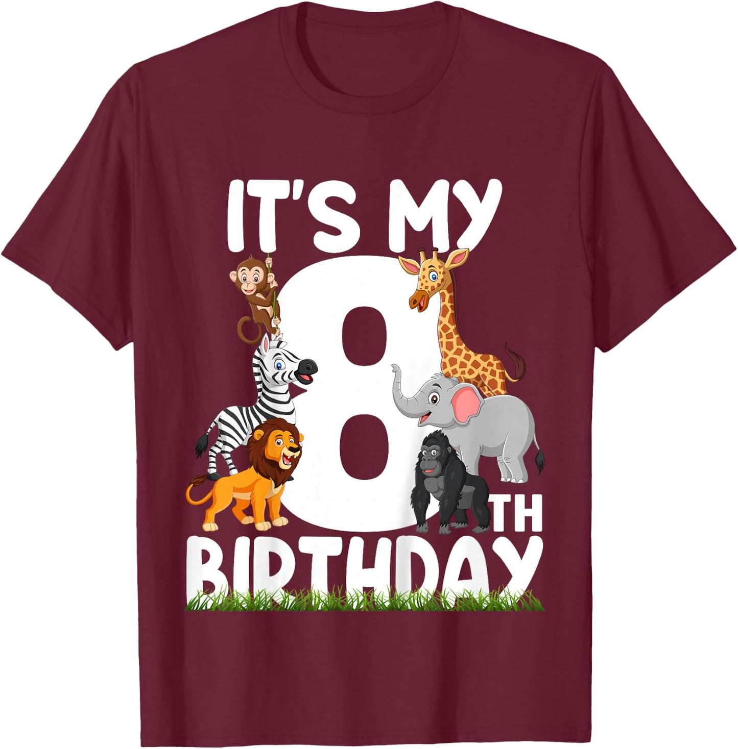 It's My 8th Birthday Zoo Jungle Safari 8 Years Old Animals T-Shirt - T-Shirt | Maroon
