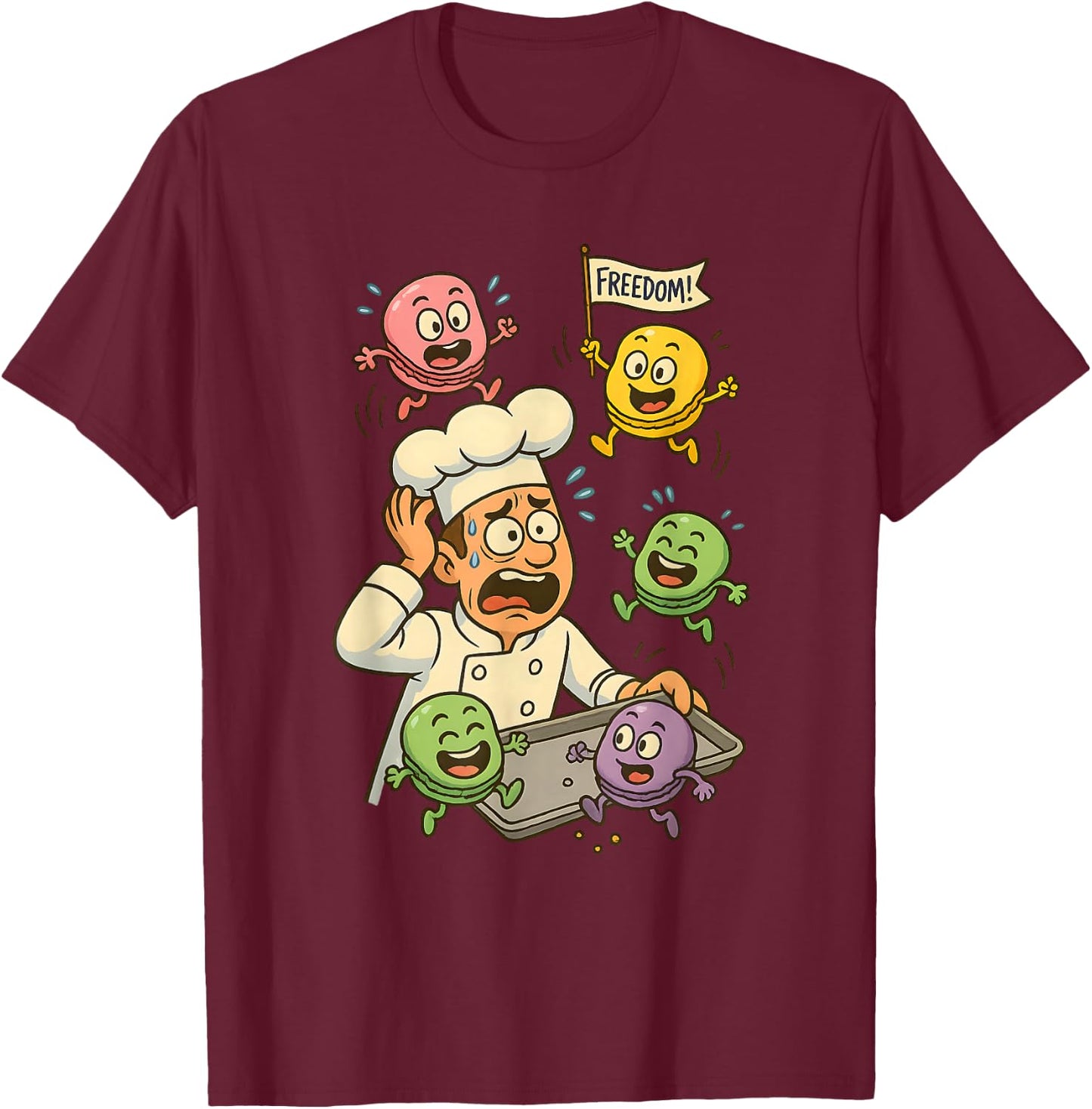 Funny Cartoon Chef & Escaping Macarons Baking Humor T-Shirt - T-Shirt | Maroon