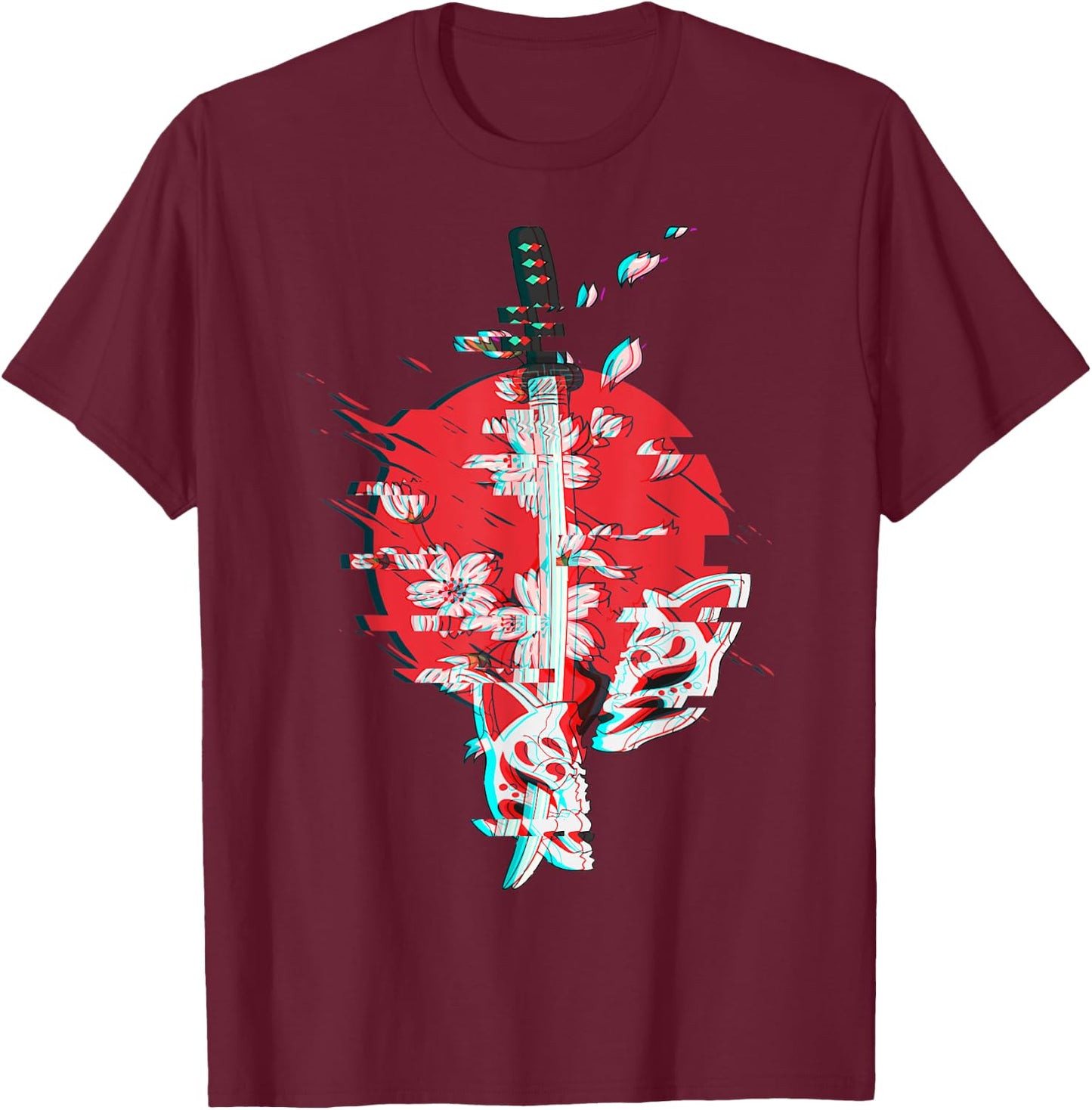 Japanese Anime Mask Kitsune Samurai Oni Monster Vaporwave T-Shirt - T-Shirt | Maroon