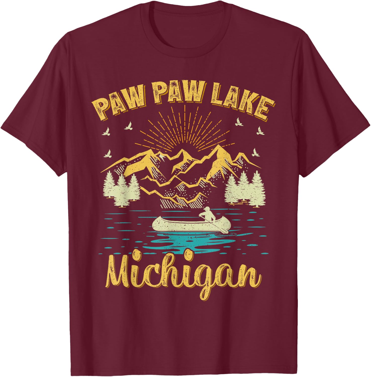 Summer Vacation Retro Mountain Michigan Paw Paw Lake Men Women Kids T-Shirt - T-Shirt | Maroon