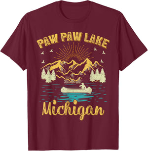 Summer Vacation Retro Mountain Michigan Paw Paw Lake Men Women Kids T-Shirt - T-Shirt | Maroon