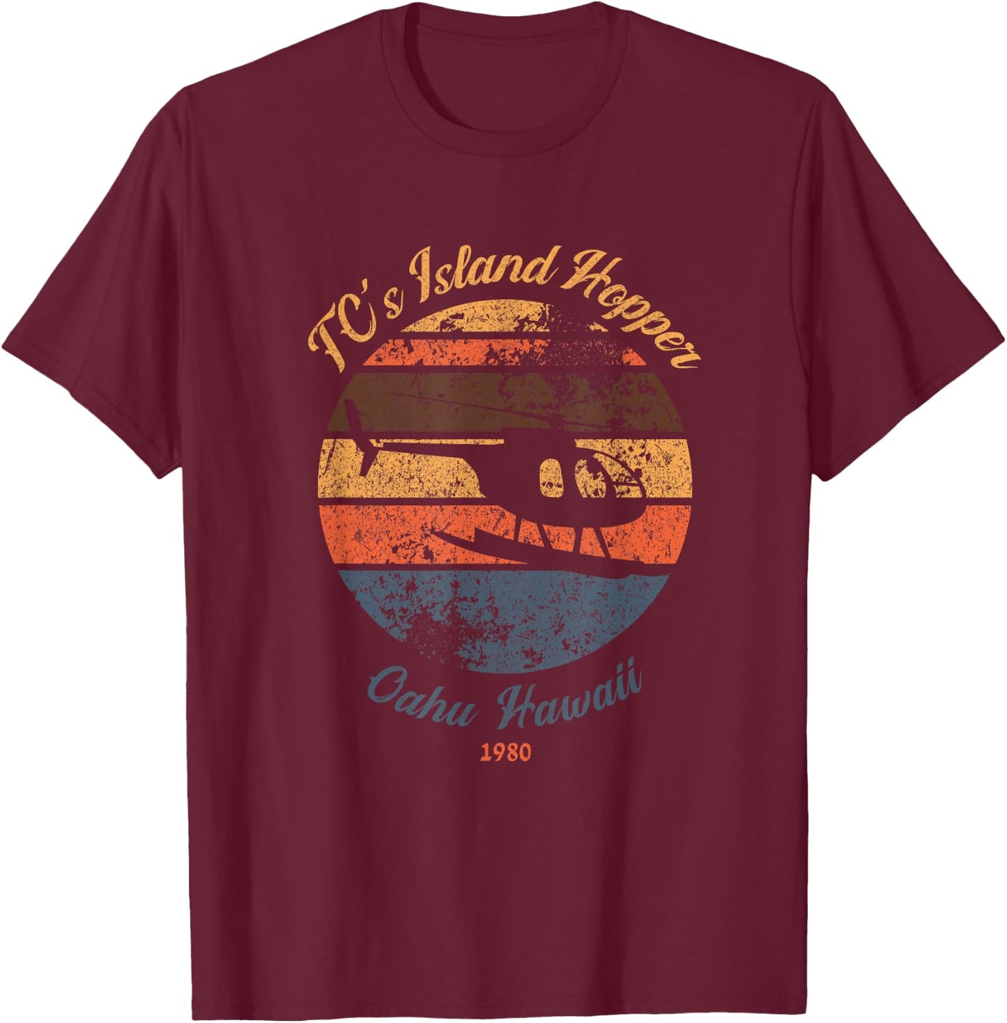 TC's Island Hoppers Helicopter Vintage Sunset T-Shirt - T-Shirt | Maroon