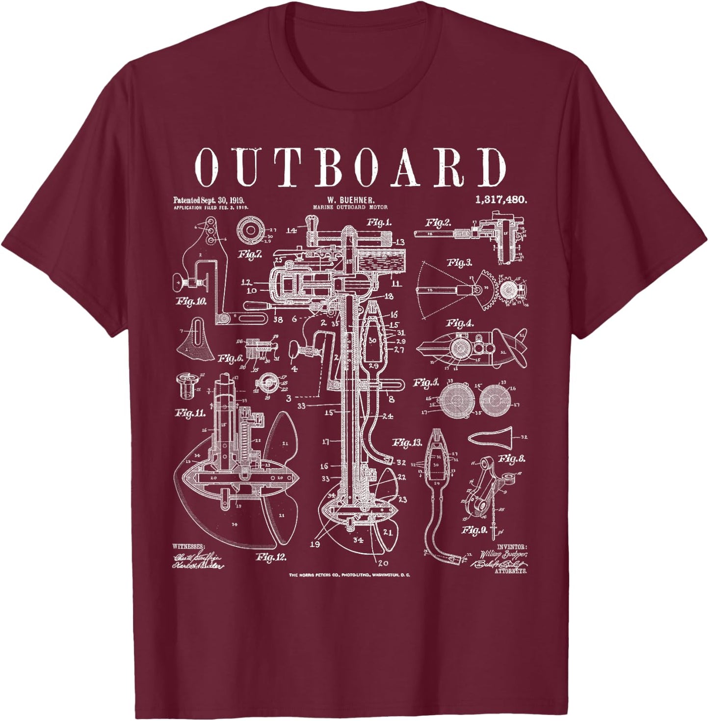 Fishing Boat Outboard Marine Motor Vintage Patent Print T-Shirt - T-Shirt | Maroon