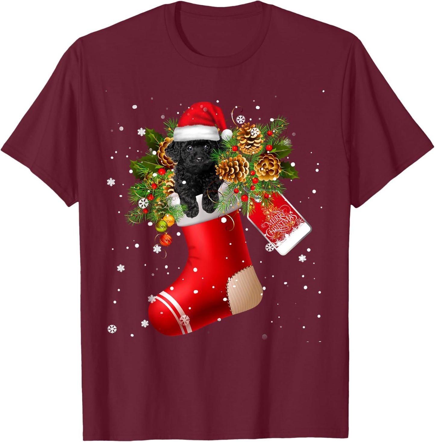Santa Black Toy Poodle In Christmas Sock Pajama T-Shirt - T-Shirt | Maroon