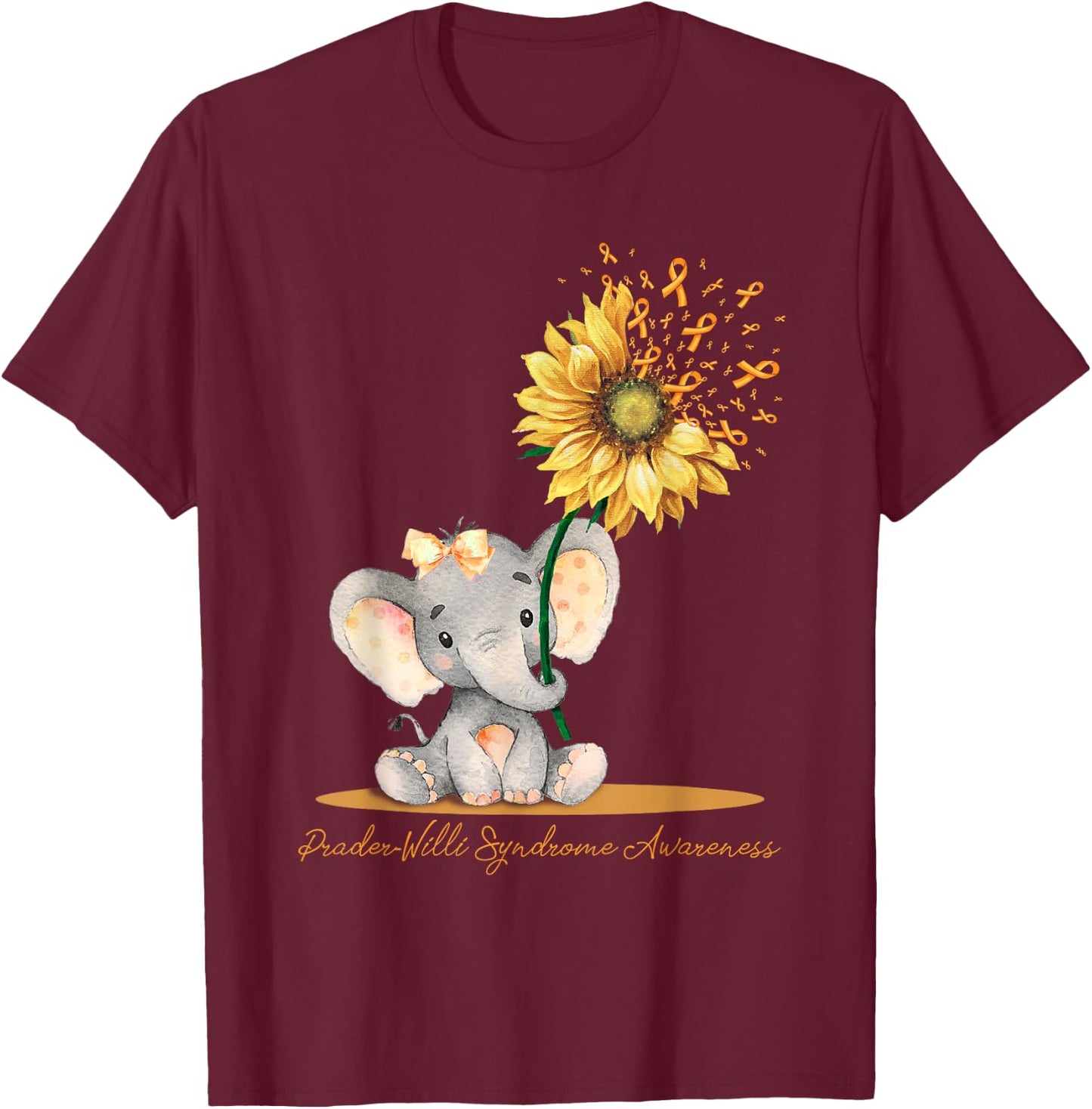 PRADER-WILLI SYNDROME AWARENESS Cute Elephant Sunflower T-Shirt - T-Shirt | Maroon
