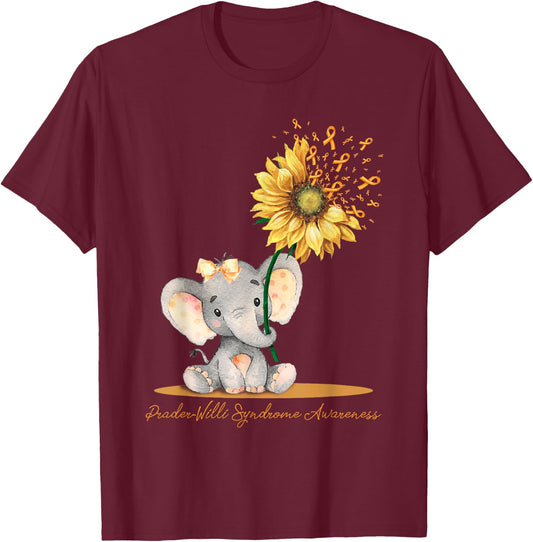 PRADER-WILLI SYNDROME AWARENESS Cute Elephant Sunflower T-Shirt - T-Shirt | Maroon