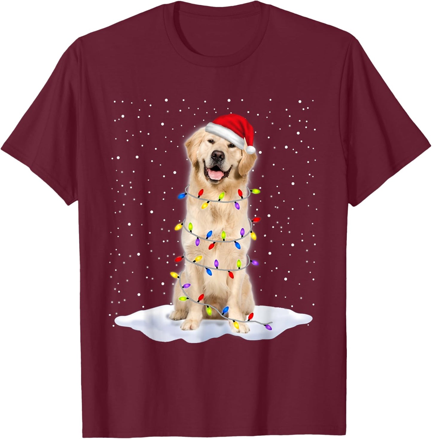 Golden retriever Santa Christmas Tree Lights Xmas T-Shirt - T-Shirt | Maroon