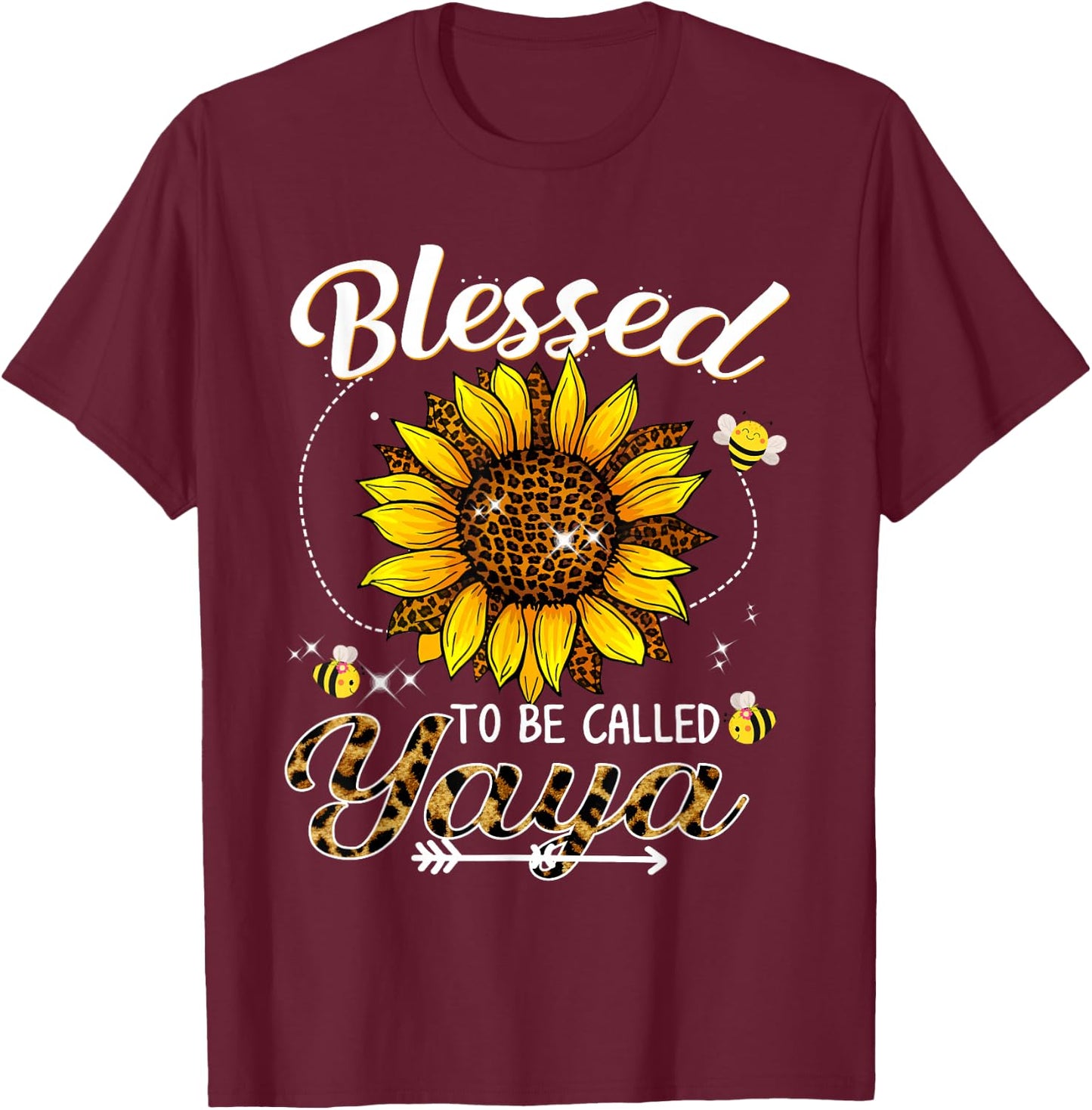 Blessed To Be Called Yaya Funny Leopard Sunflower And Bee T-Shirt - T-Shirt | Maroon