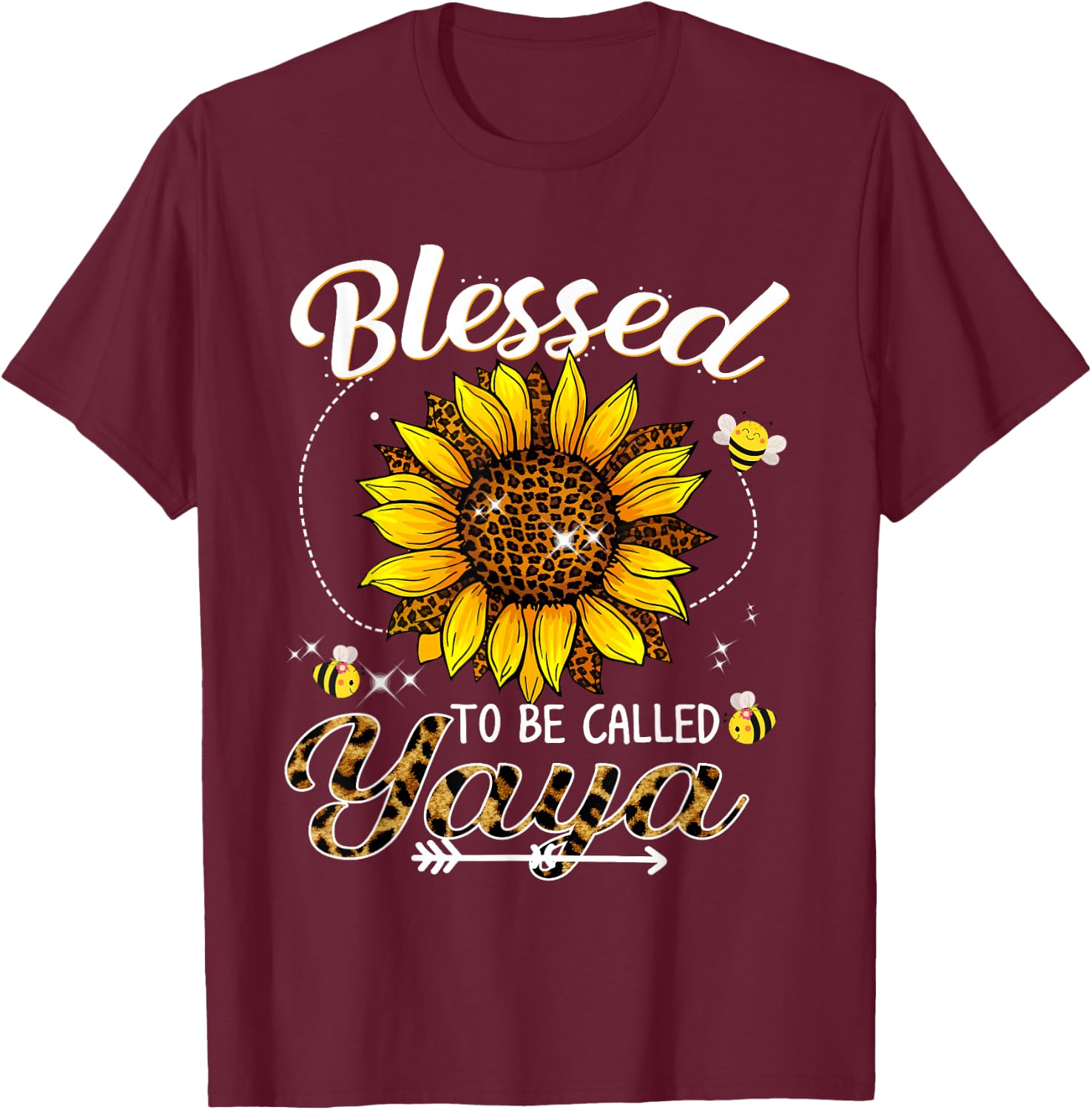 Blessed To Be Called Yaya Funny Leopard Sunflower And Bee T-Shirt - T-Shirt | Maroon