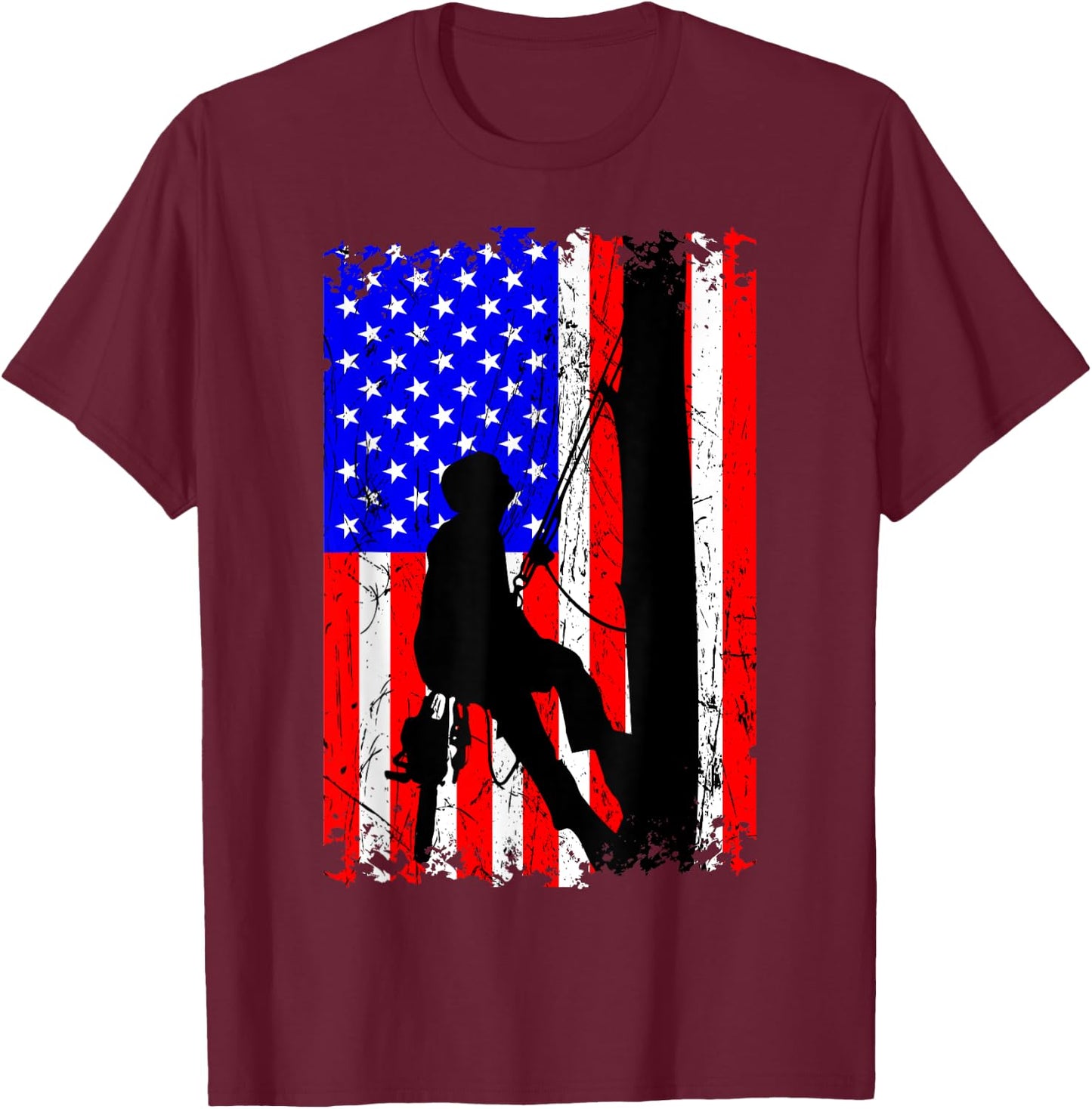 Arborist Arboriculturist Tree Surgeon Chainsaw US Flag T-Shirt - T-Shirt | Maroon