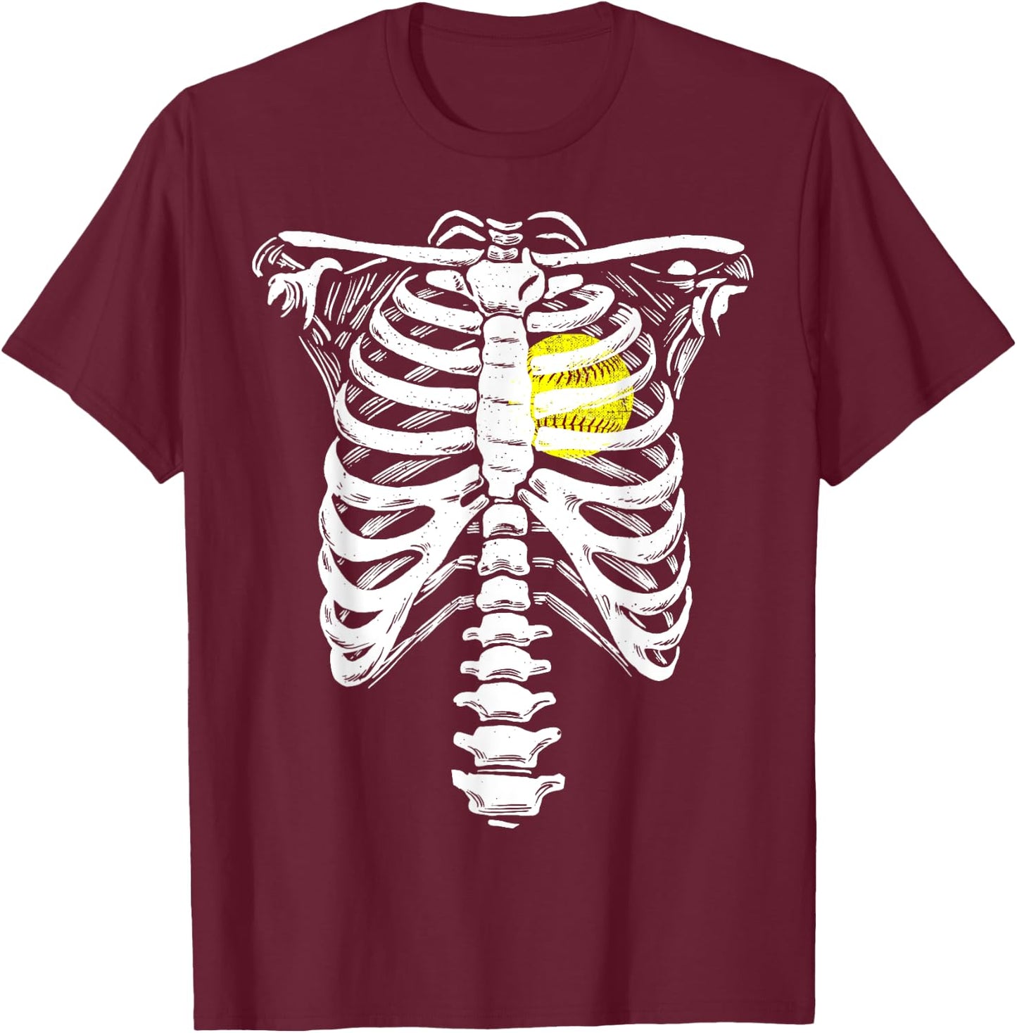 Softball Heart Skeleton Rib Cage Halloween Love Softball T-Shirt - T-Shirt | Maroon