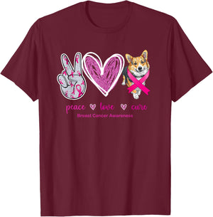 Peace Love Cure Corgi Dog Breast Cancer Awareness Women T-Shirt - T-Shirt | Maroon