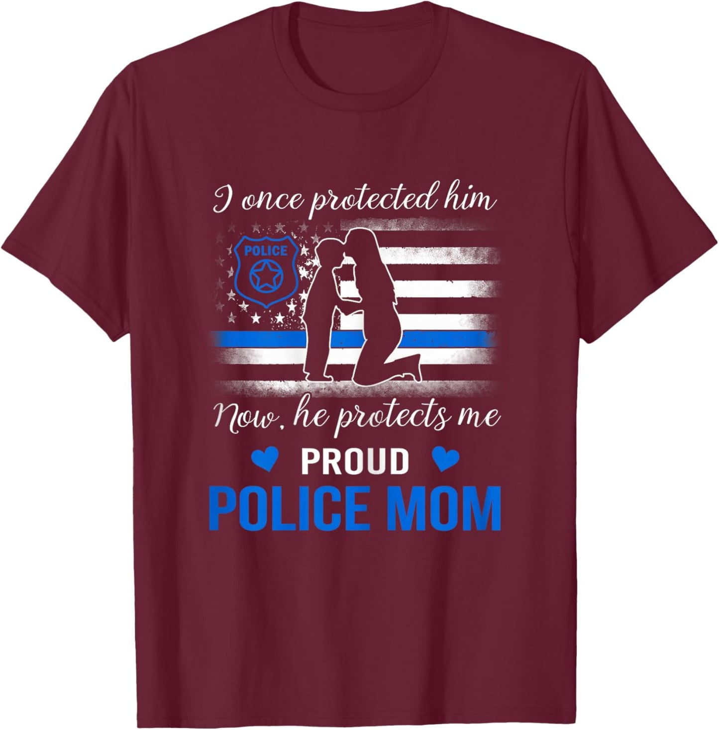 Thin Blue Line American Flag Proud Police Mom T-Shirt - T-Shirt | Maroon