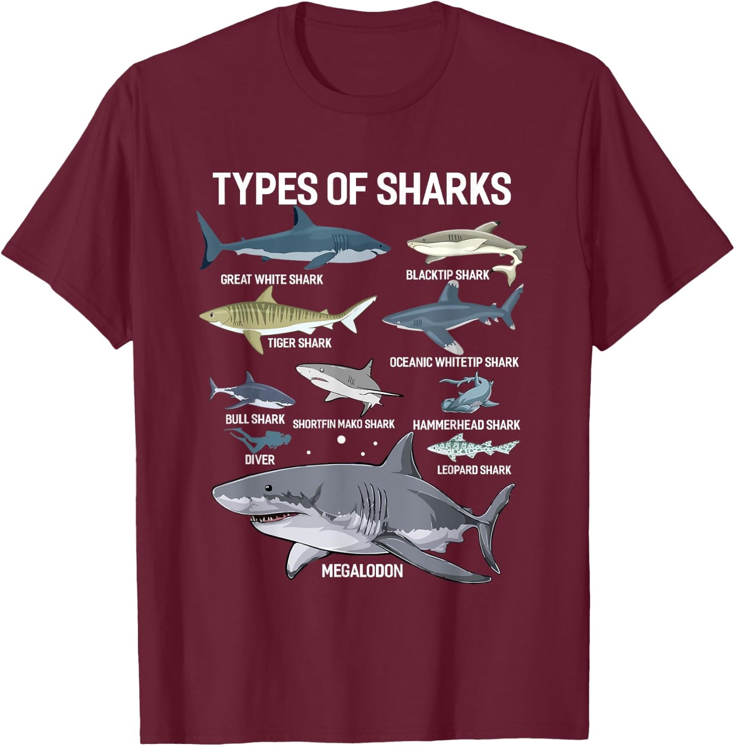 Types Of Sharks Shirt Sea Shark Shirt For Sharks Lover T-Shirt - T-Shirt | Maroon
