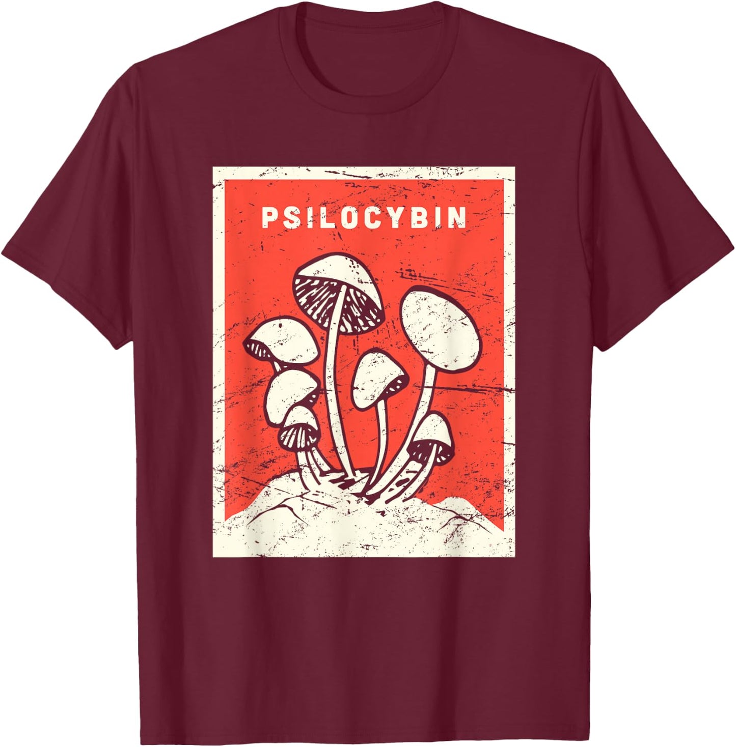Psilocybin - Retro Psychedelic Magic Mushrooms T-Shirt - T-Shirt | Maroon