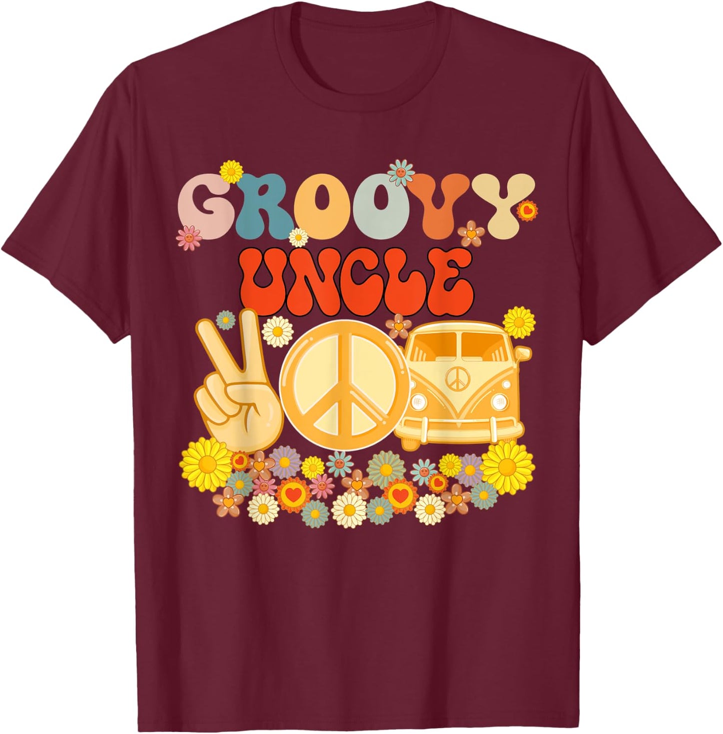 Groovy Uncle Retro Matching Family Baby Shower Father's Day T-Shirt - T-Shirt | Maroon