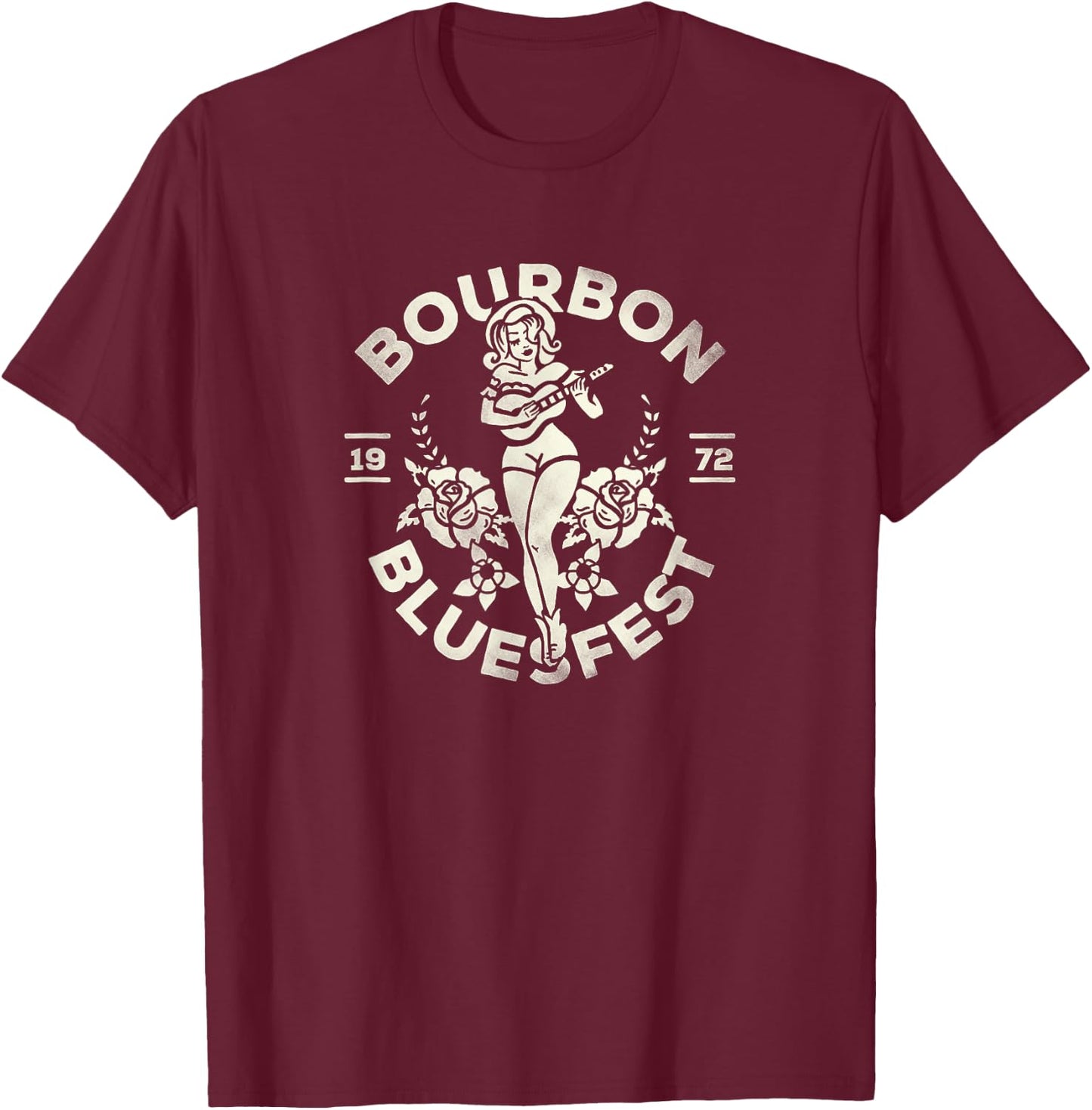 Bourbon Bluesfest 1972: Vintage Pinup Girl Playing Guitar T-Shirt - T-Shirt | Maroon